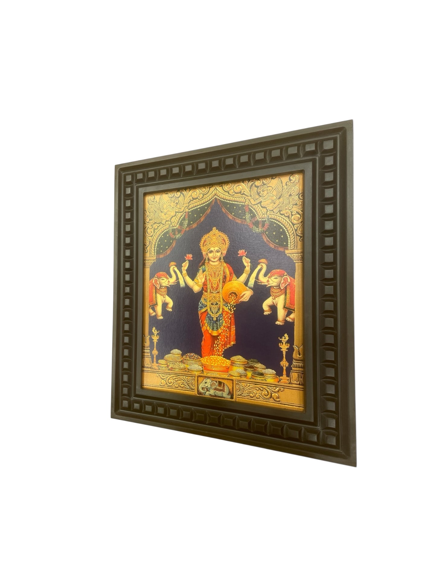 Gaja Lakshmi-5 Gold Leafed Art within Wooden frame