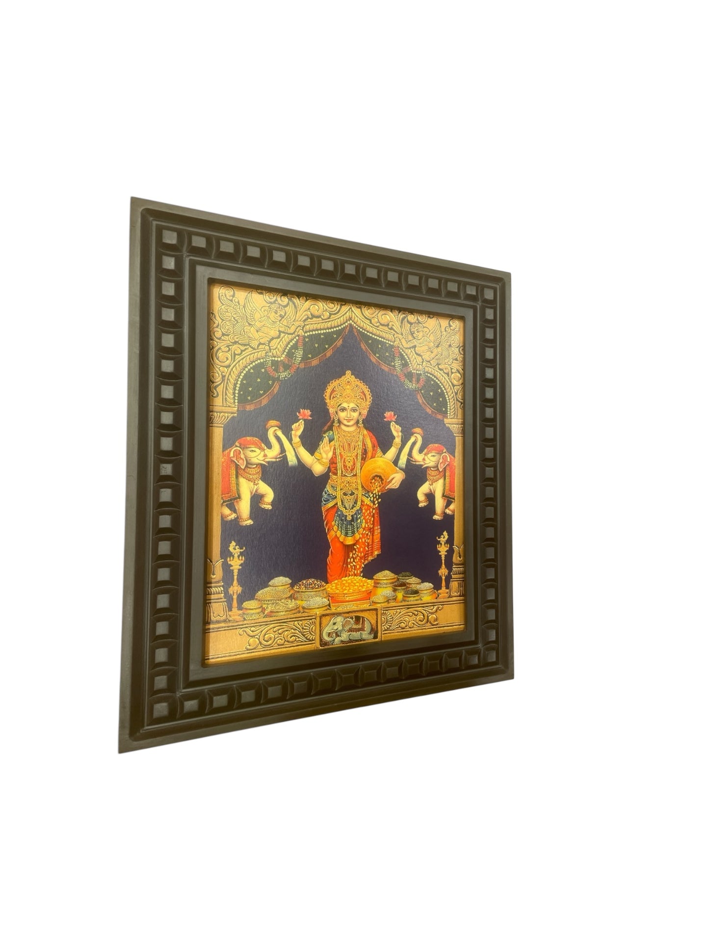 Gaja Lakshmi-5 Gold Leafed Art within Wooden frame