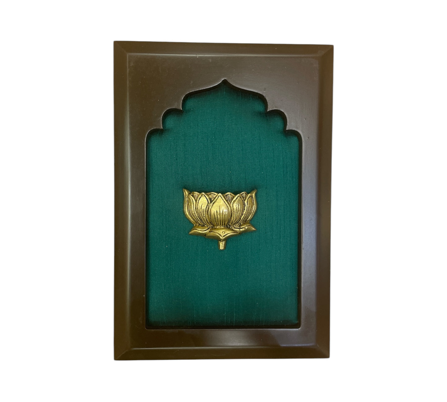 Brass Lotus with Green Silk in Wooden frame..