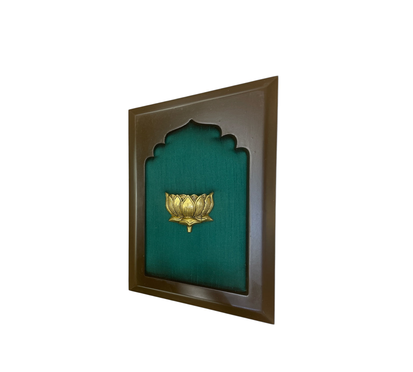Brass Lotus with Green Silk in Wooden frame..