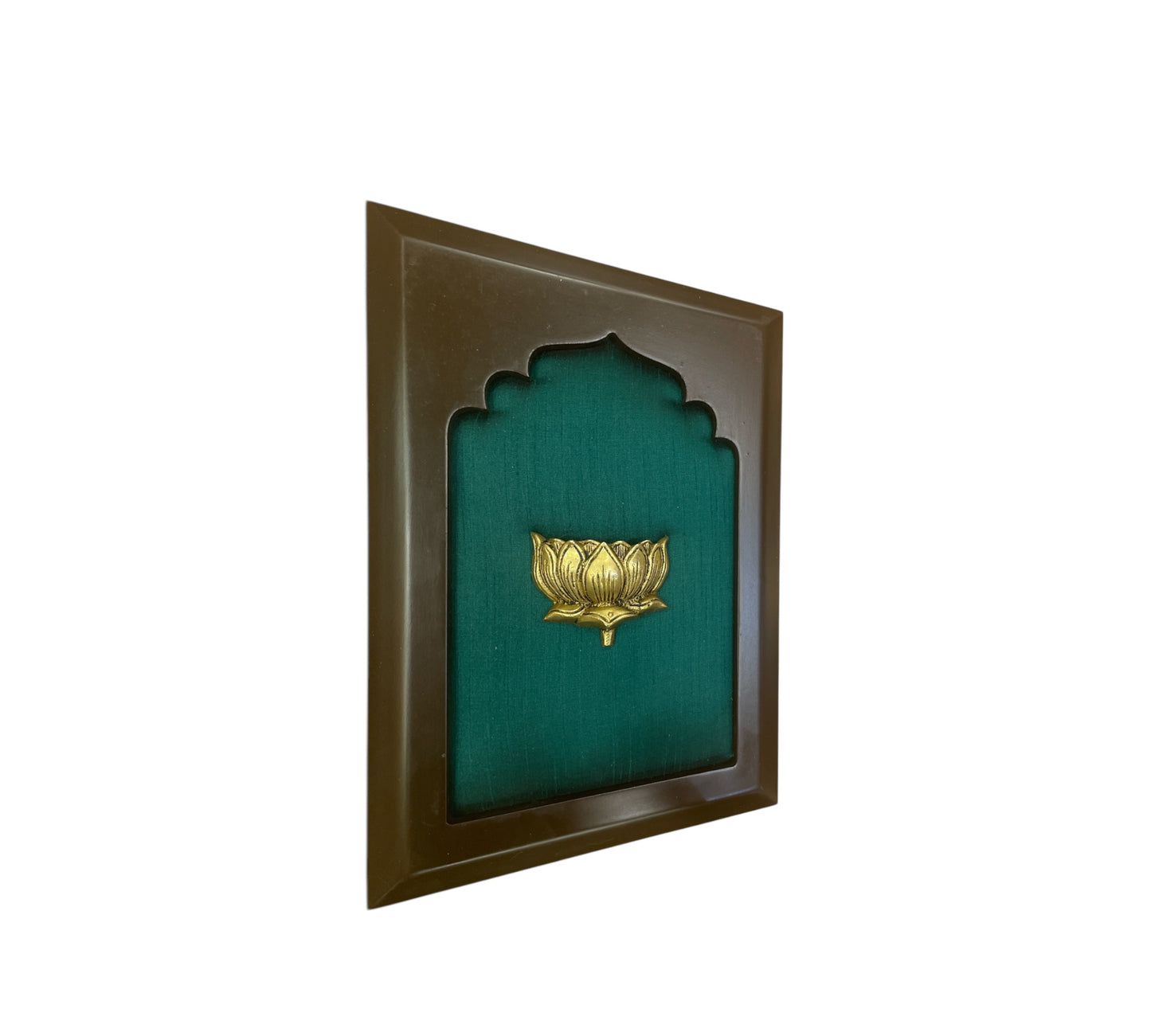 Brass Lotus with Green Silk in Wooden frame..