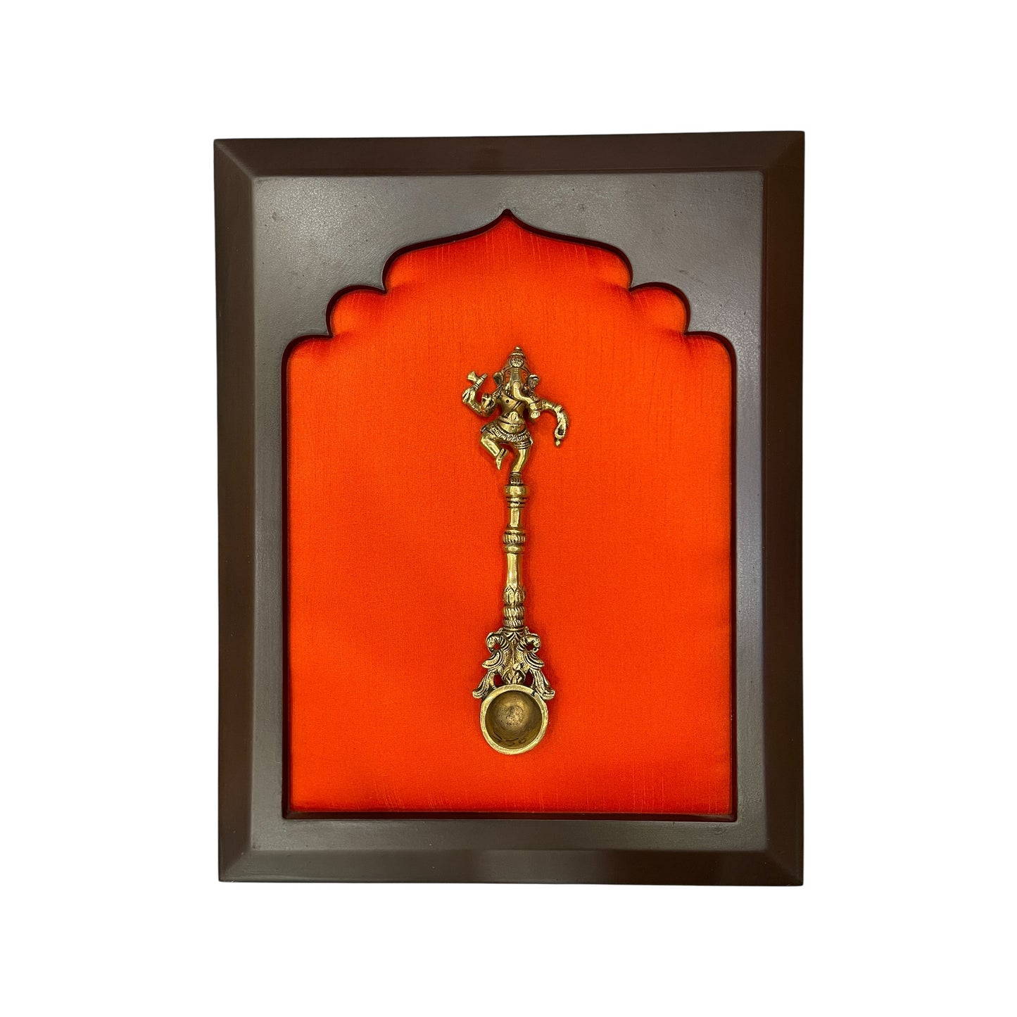 Brass Ganesha Tirtha on Dark Orange in Wooden Frame – Spiritual Wall Décor