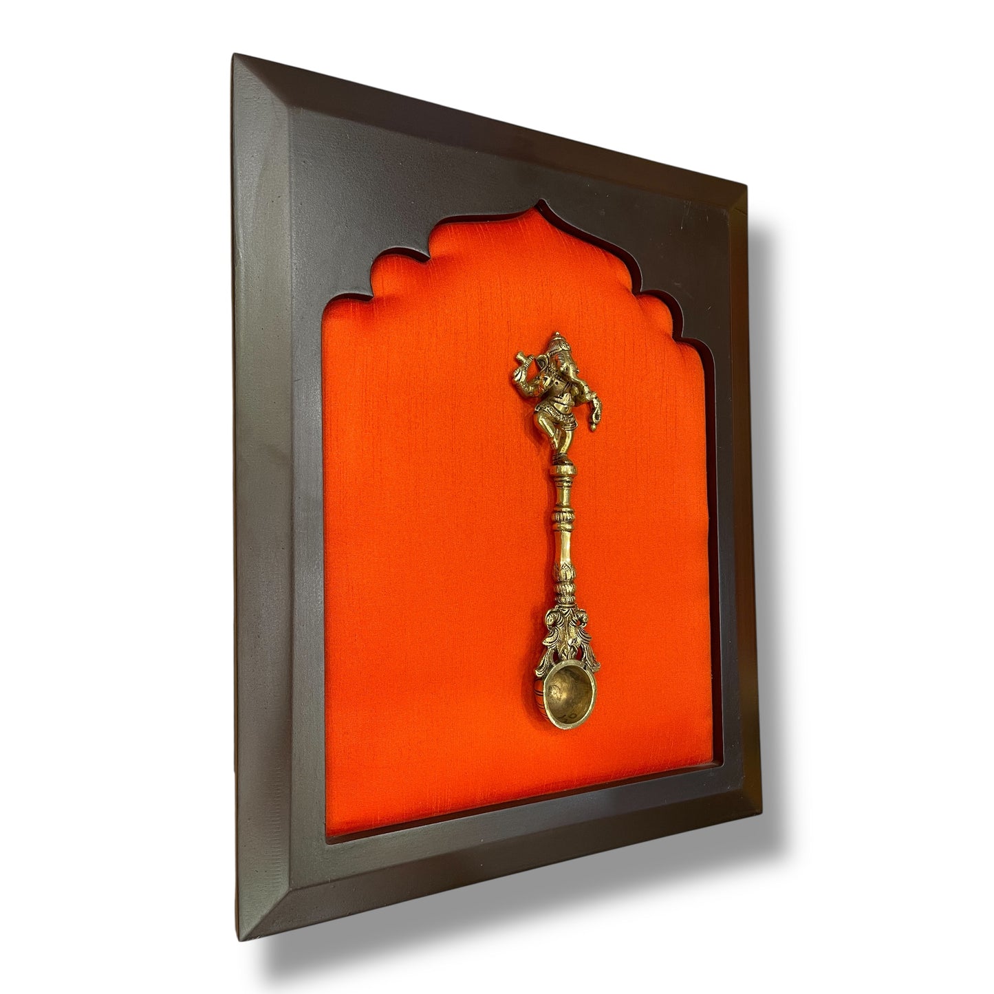 Brass Ganesha Tirtha on Dark Orange in Wooden Frame – Spiritual Wall Décor