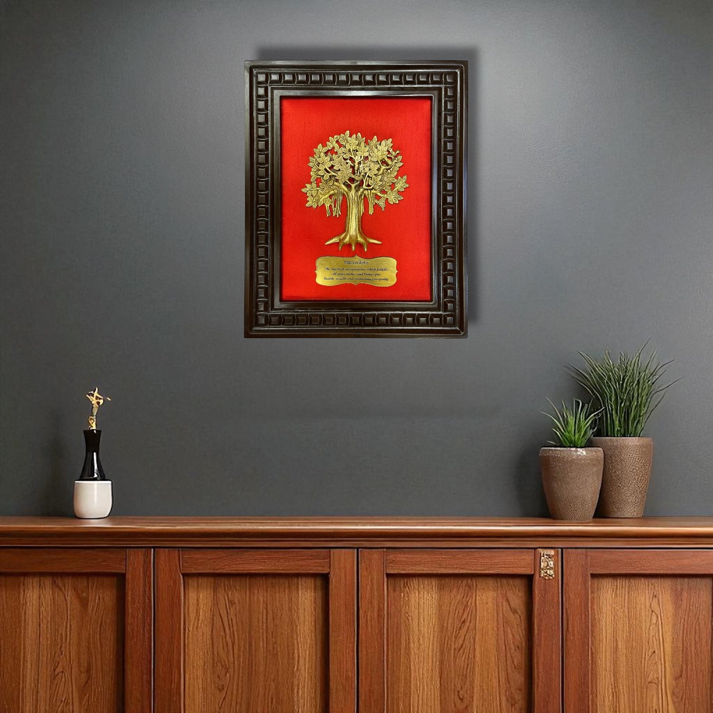 Brass Kalpavriksha Tree & badge with Red silk in Wooden Frame