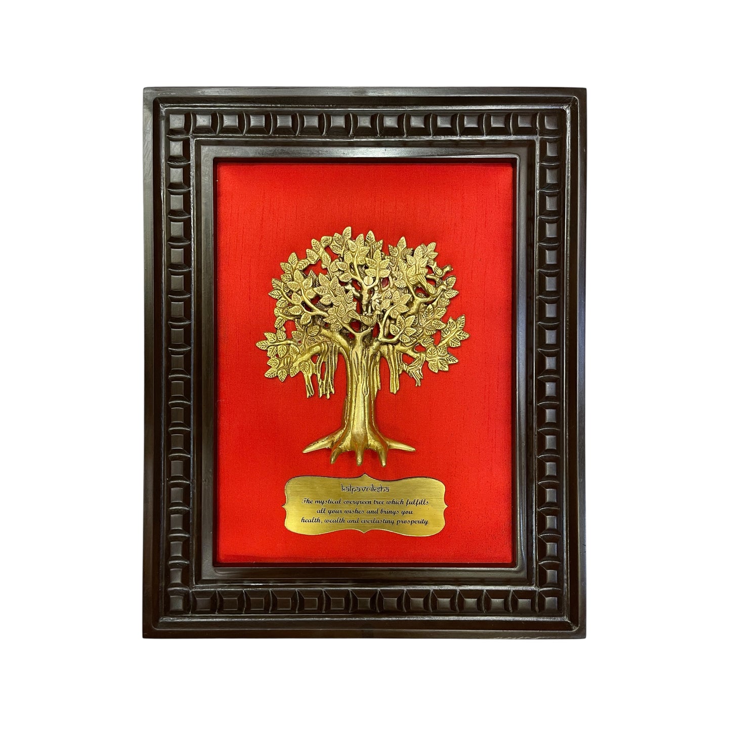 Brass Kalpavriksha Tree & badge with Red silk in Wooden Frame