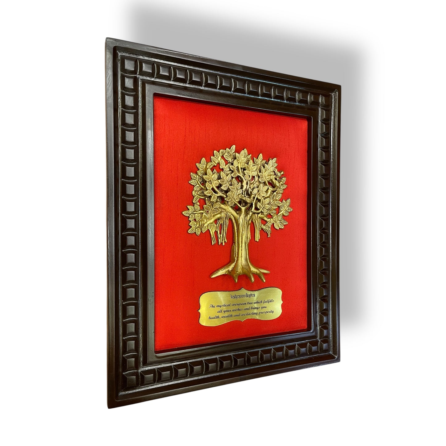 Brass Kalpavriksha Tree & badge with Red silk in Wooden Frame