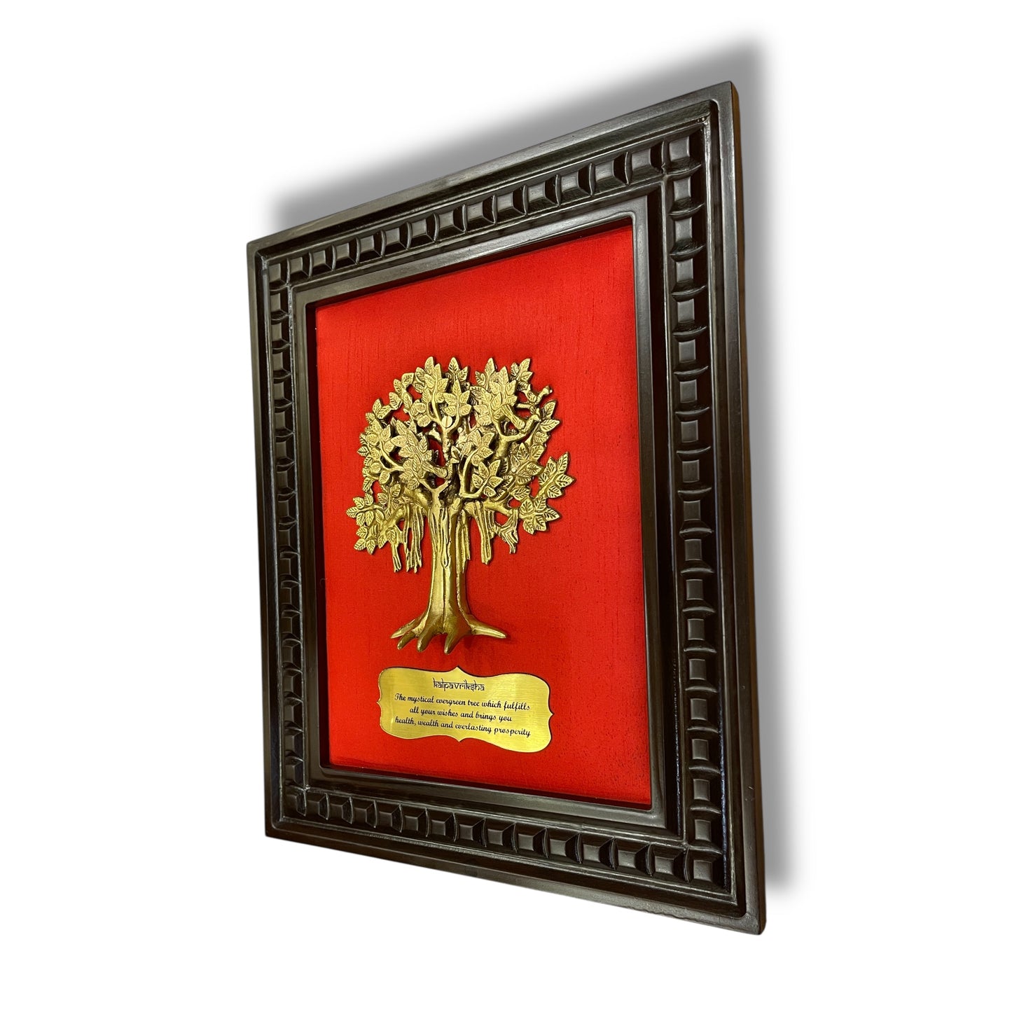 Brass Kalpavriksha Tree & badge with Red silk in Wooden Frame