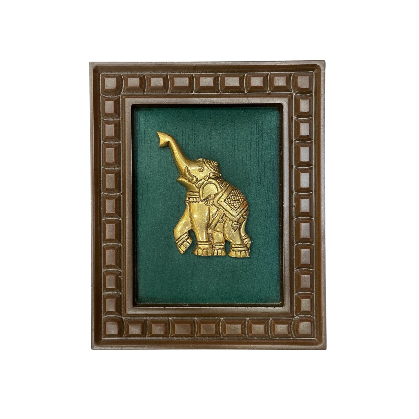 Brass Elephant With Rama Green Silk in Wooden Frame