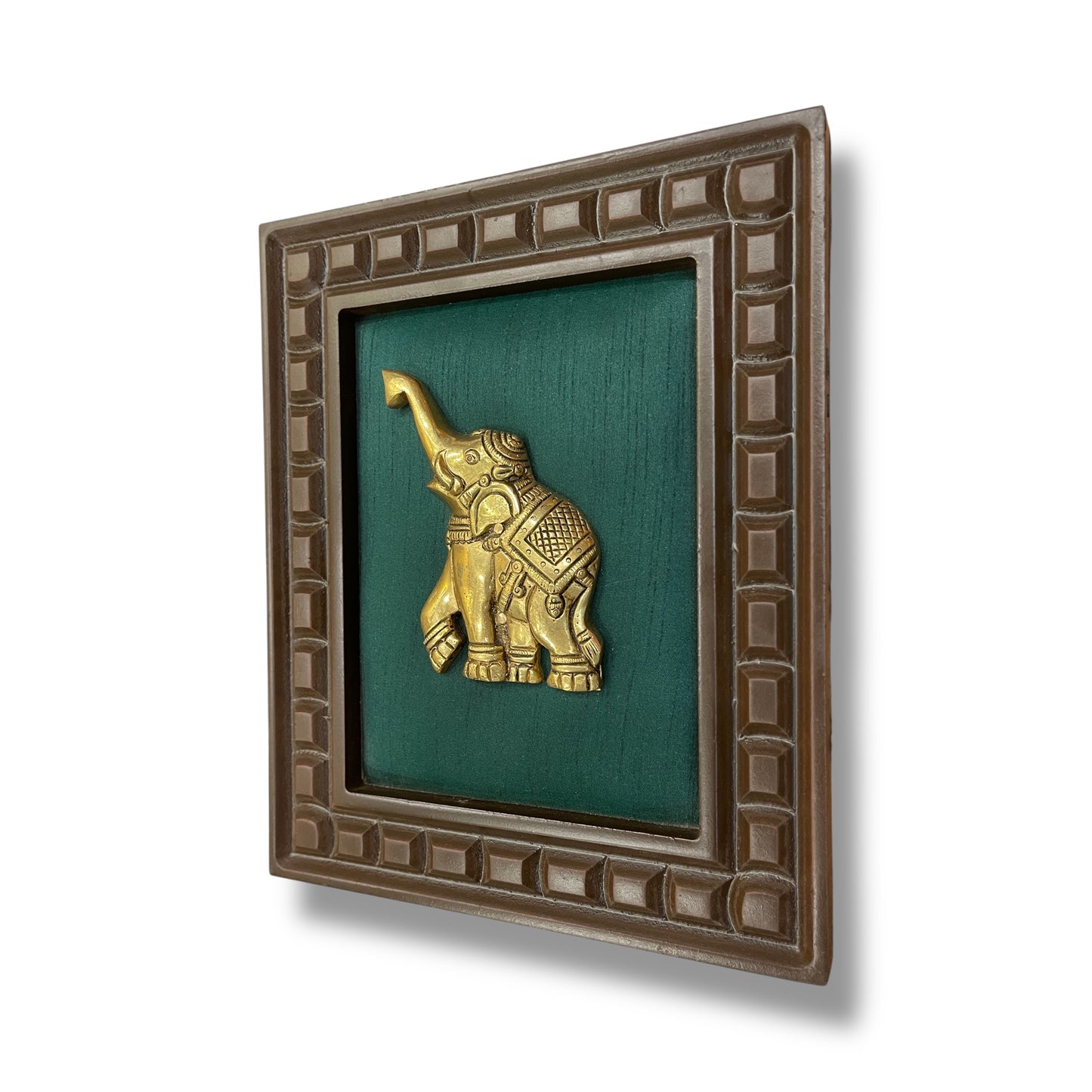 Brass Elephant With Rama Green Silk in Wooden Frame