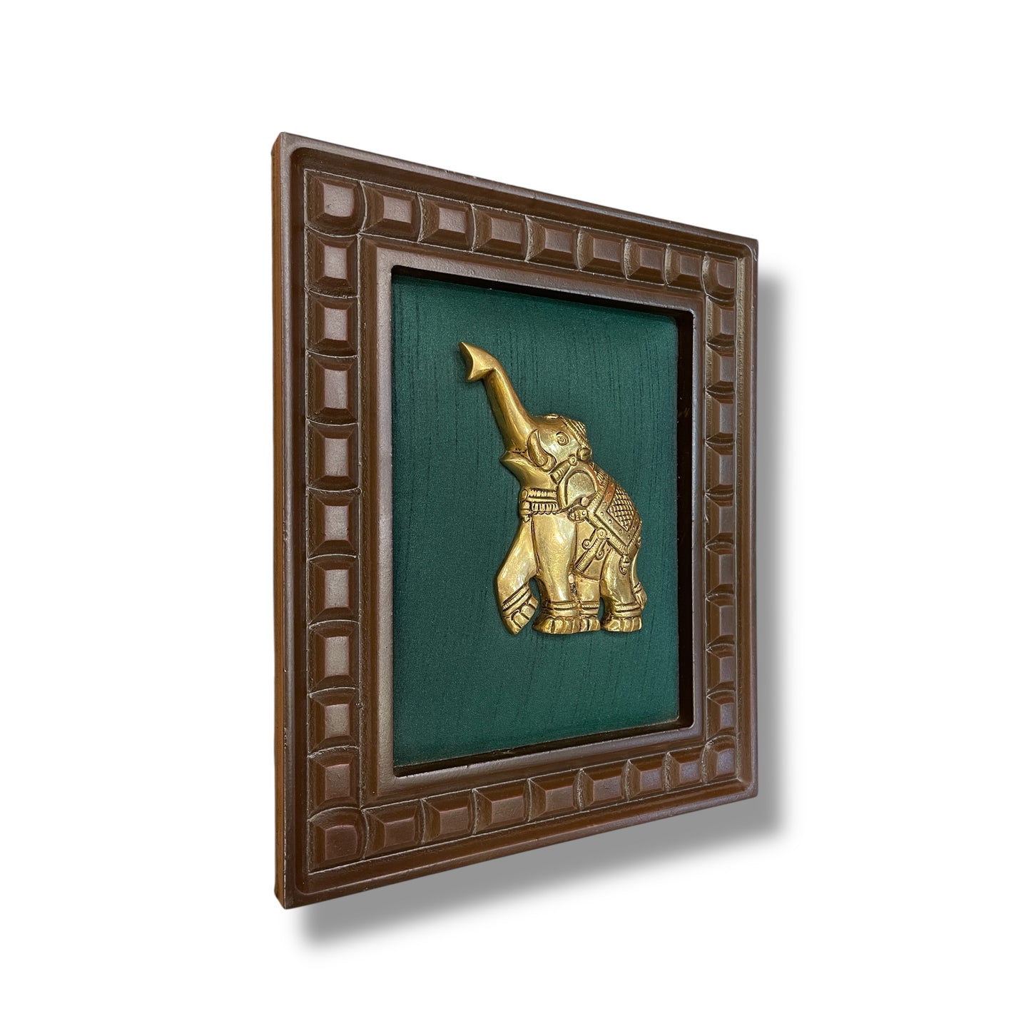 Brass Elephant With Rama Green Silk in Wooden Frame