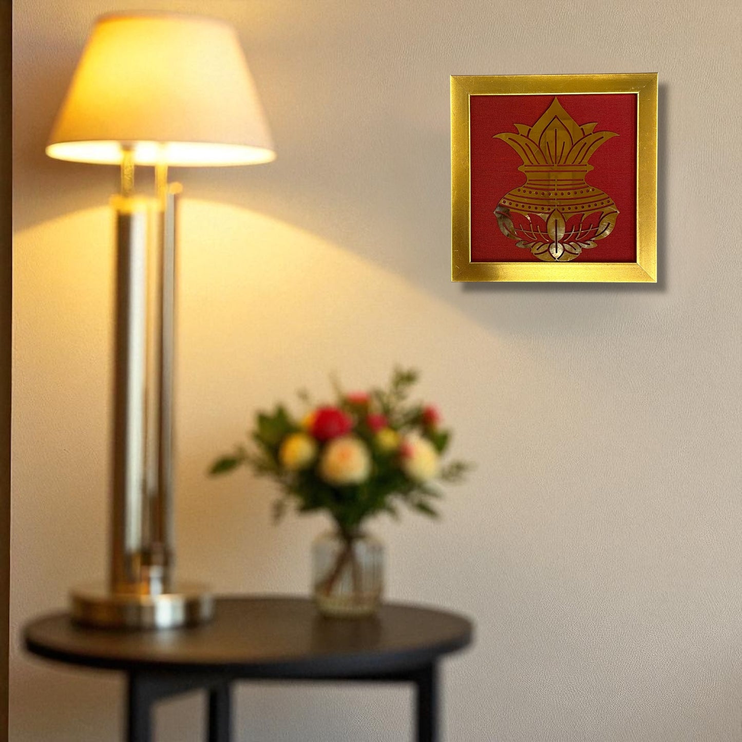 Kuber Kalash Wall Art – Prosperity Symbol in Titanium with Silk Backdrop