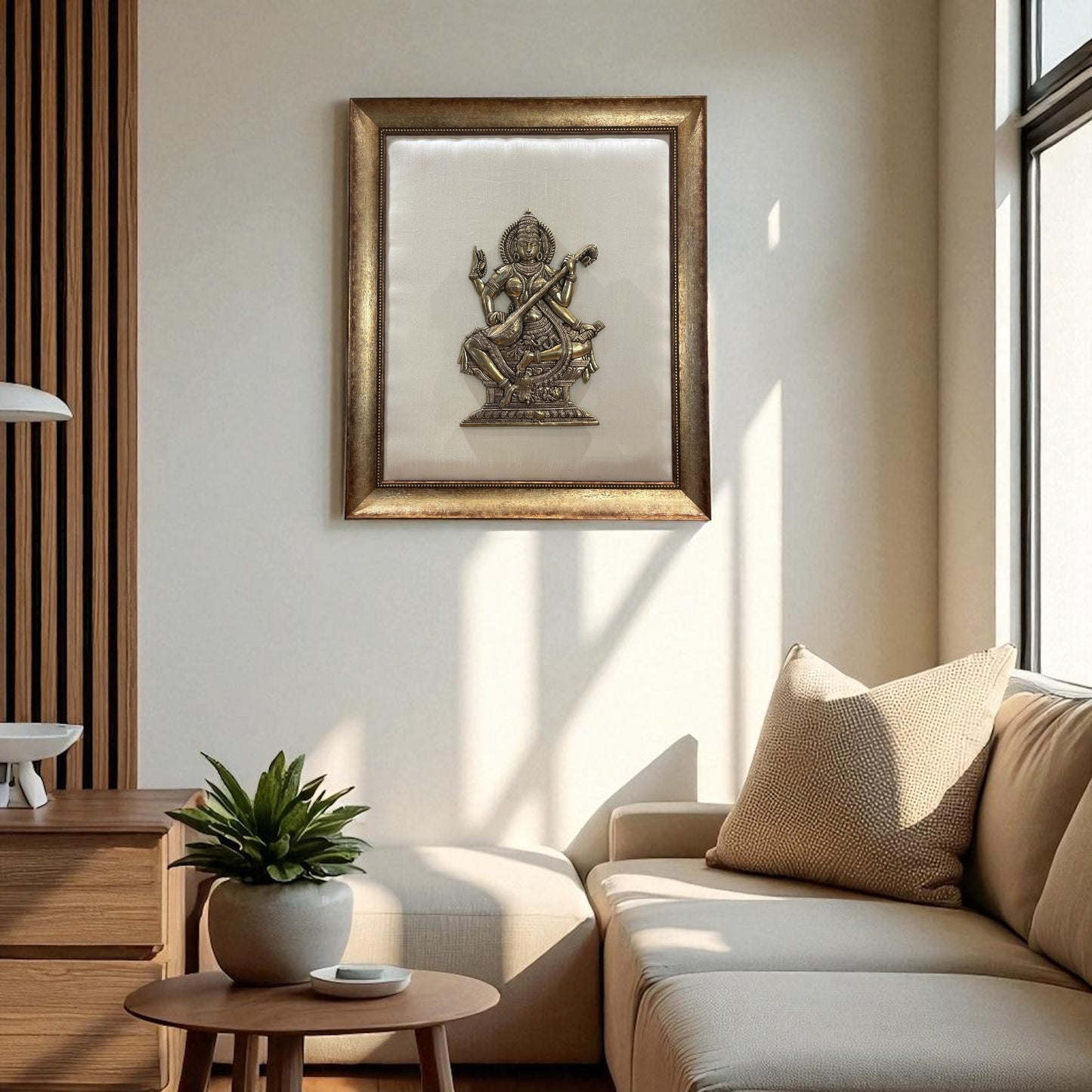 Brass Saraswati on White silk Backdrop in Wooden frame