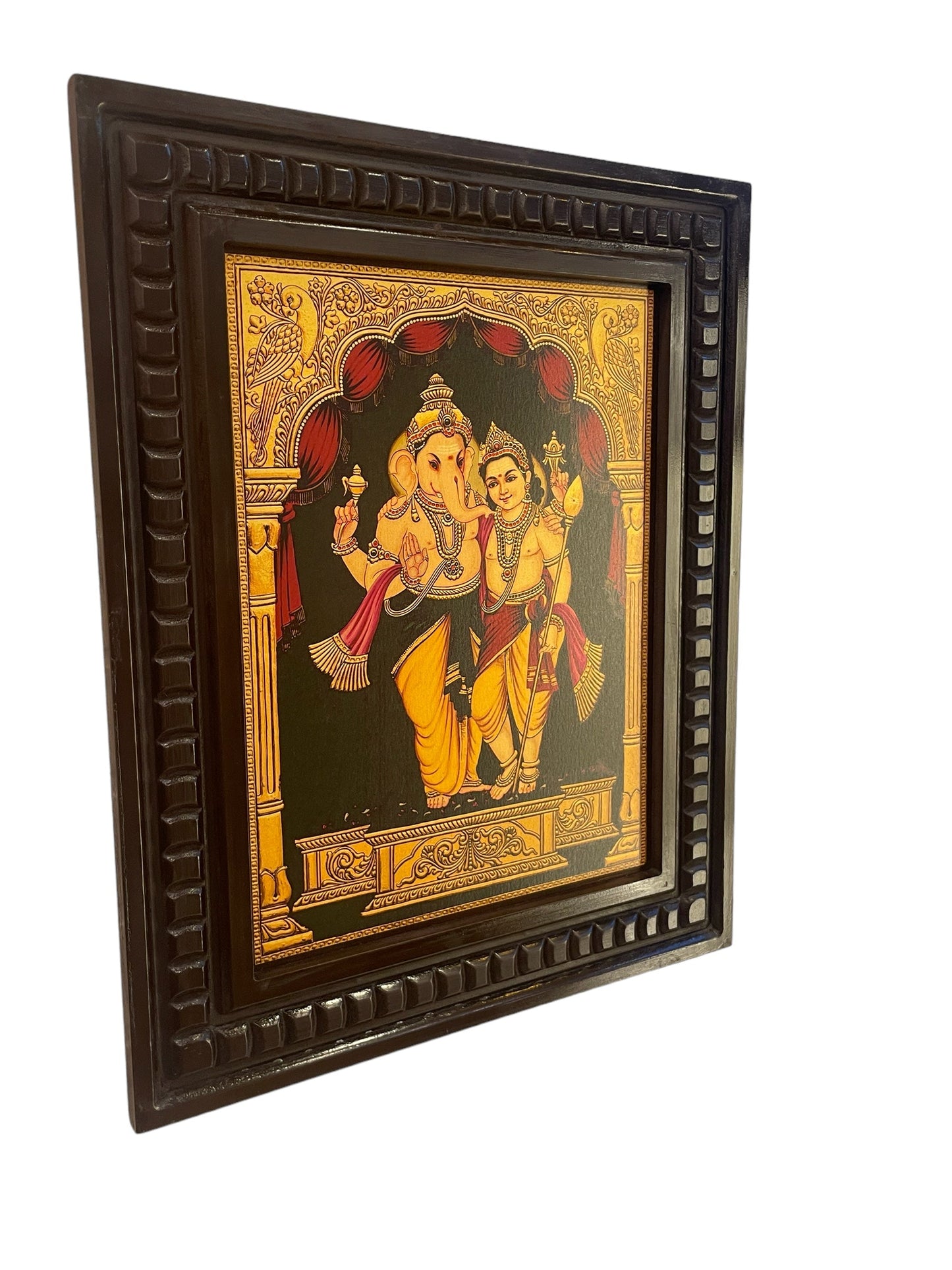 Gold Leafed Art Ganesha Kartikeya With Wooden Frame