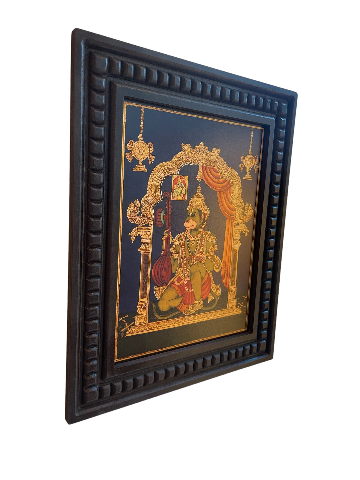 Hanuman : Maruti Playing Viena Gold Leafed Art  With Wooden Frame