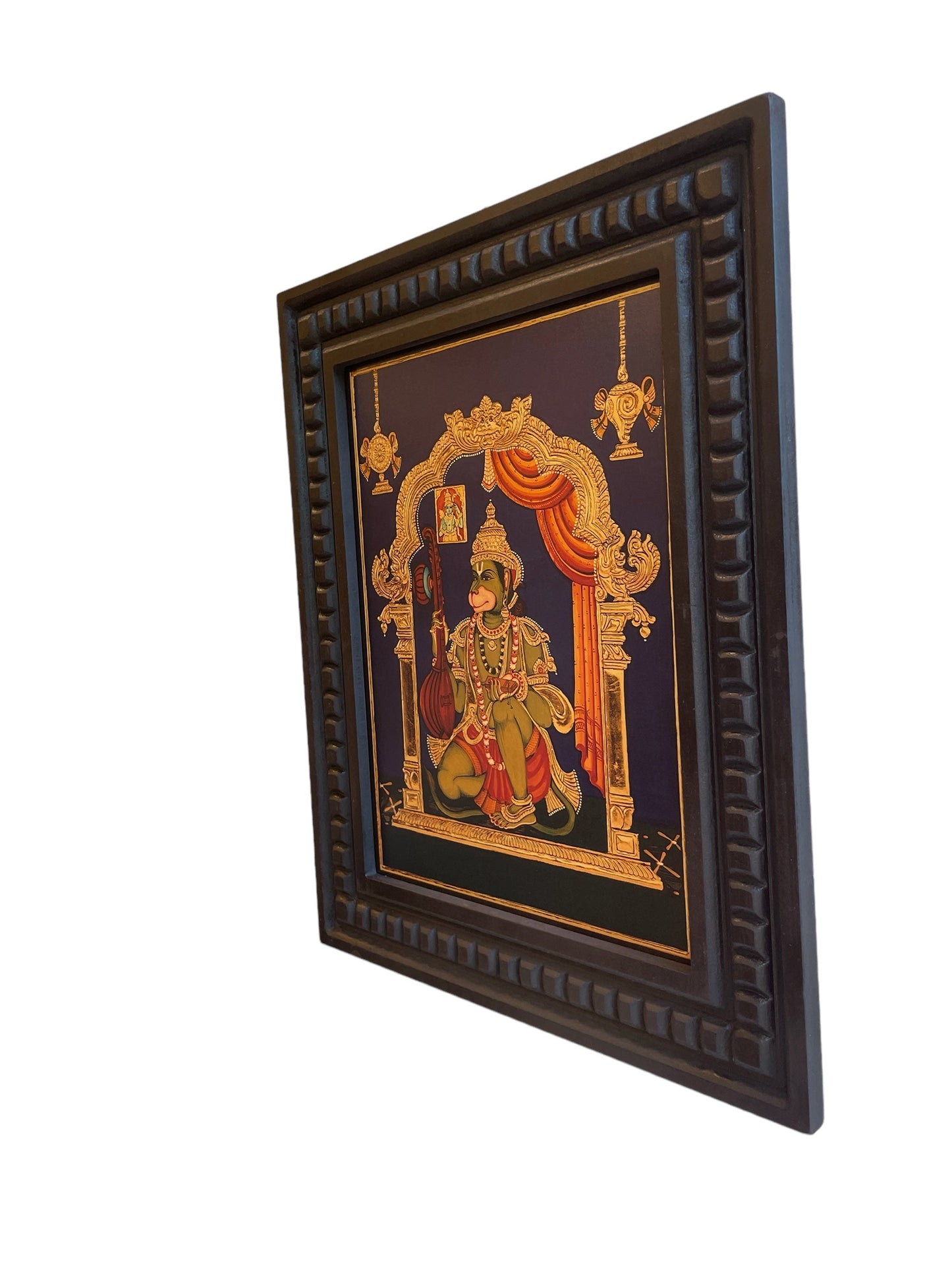 Hanuman : Maruti Playing Viena Gold Leafed Art  With Wooden Frame