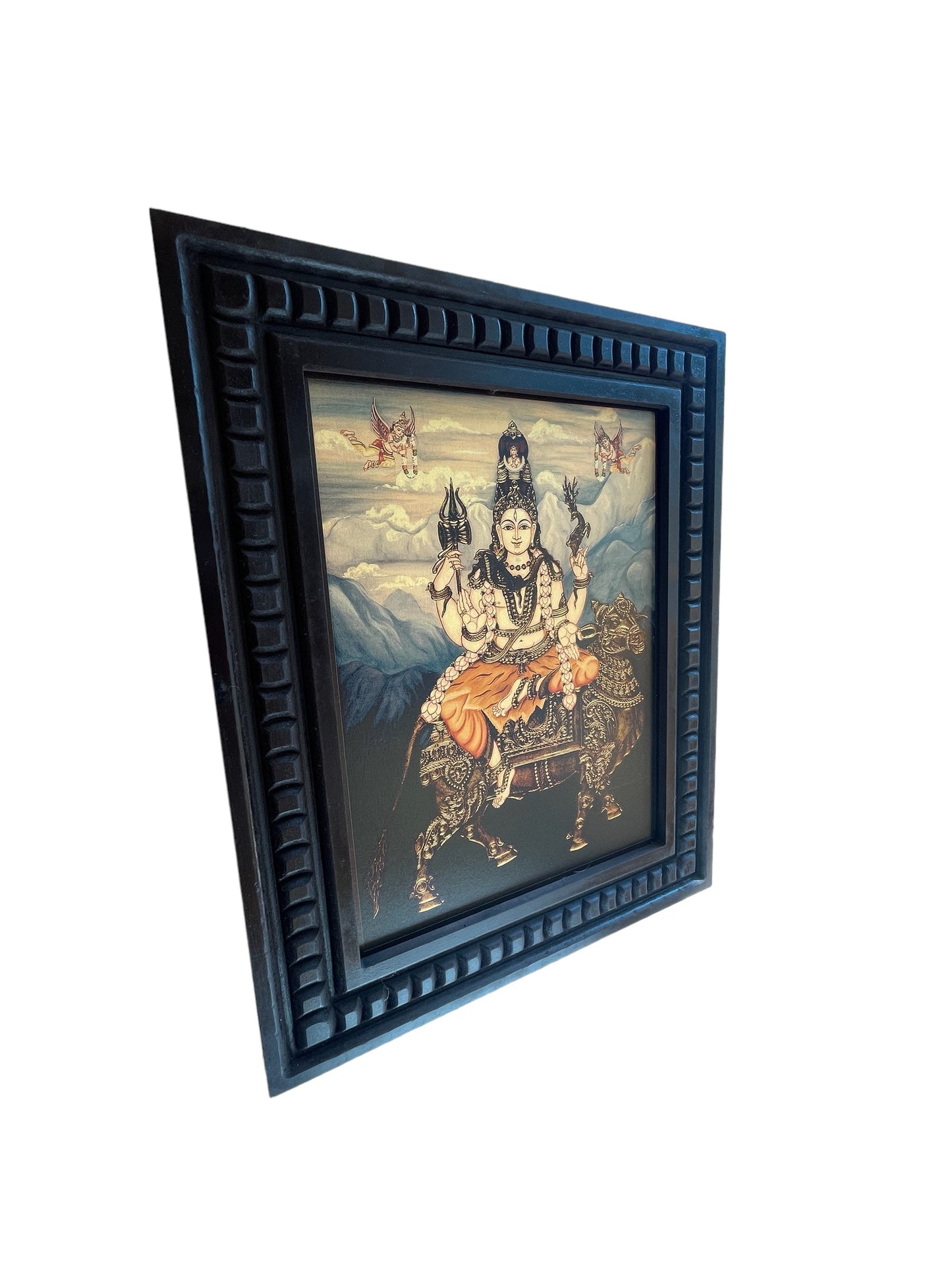 Shiva blessing seated on Vahan Nandi Gold Leafed Art With Wooden Frame