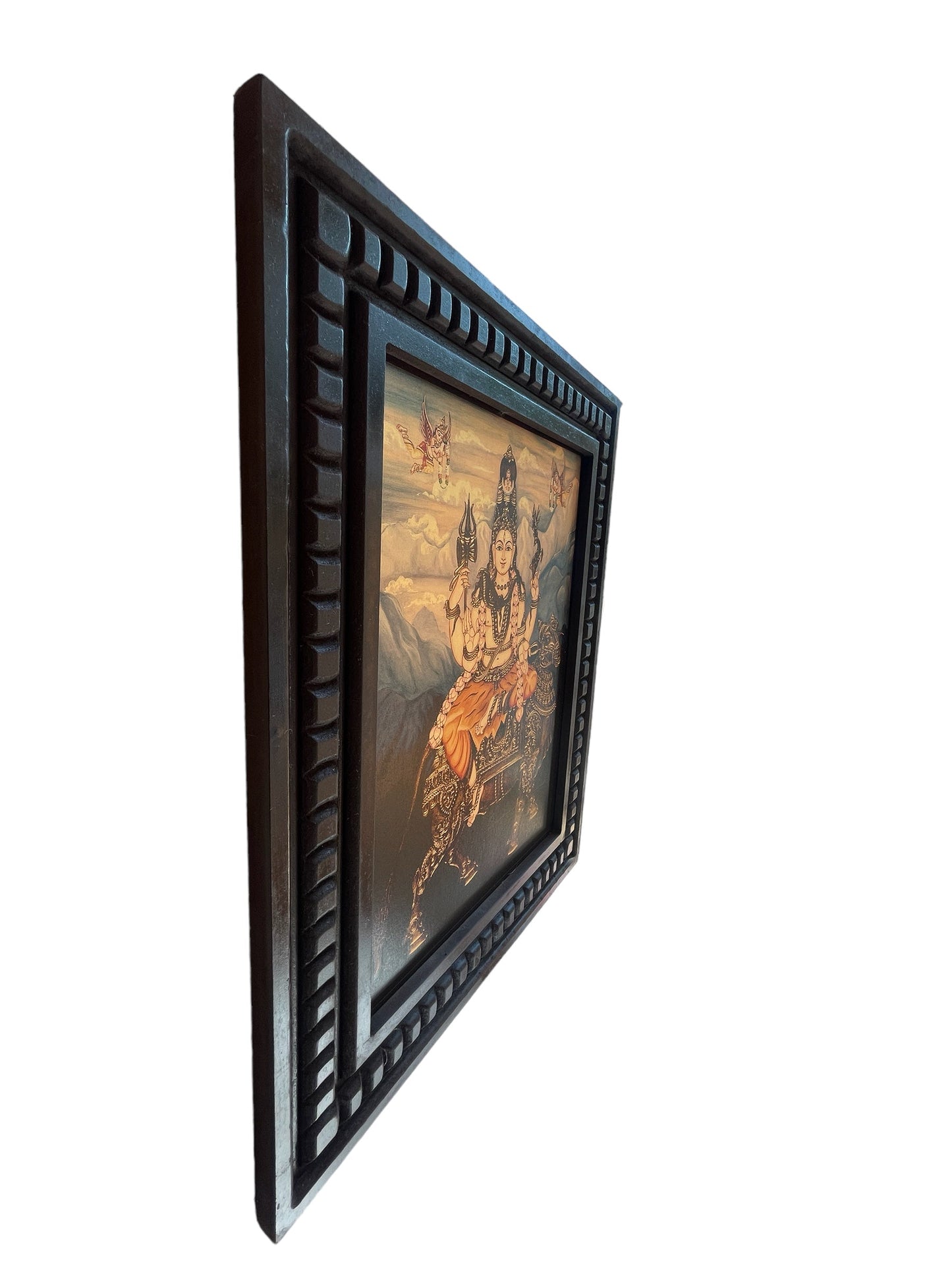 Shiva blessing seated on Vahan Nandi Gold Leafed Art With Wooden Frame