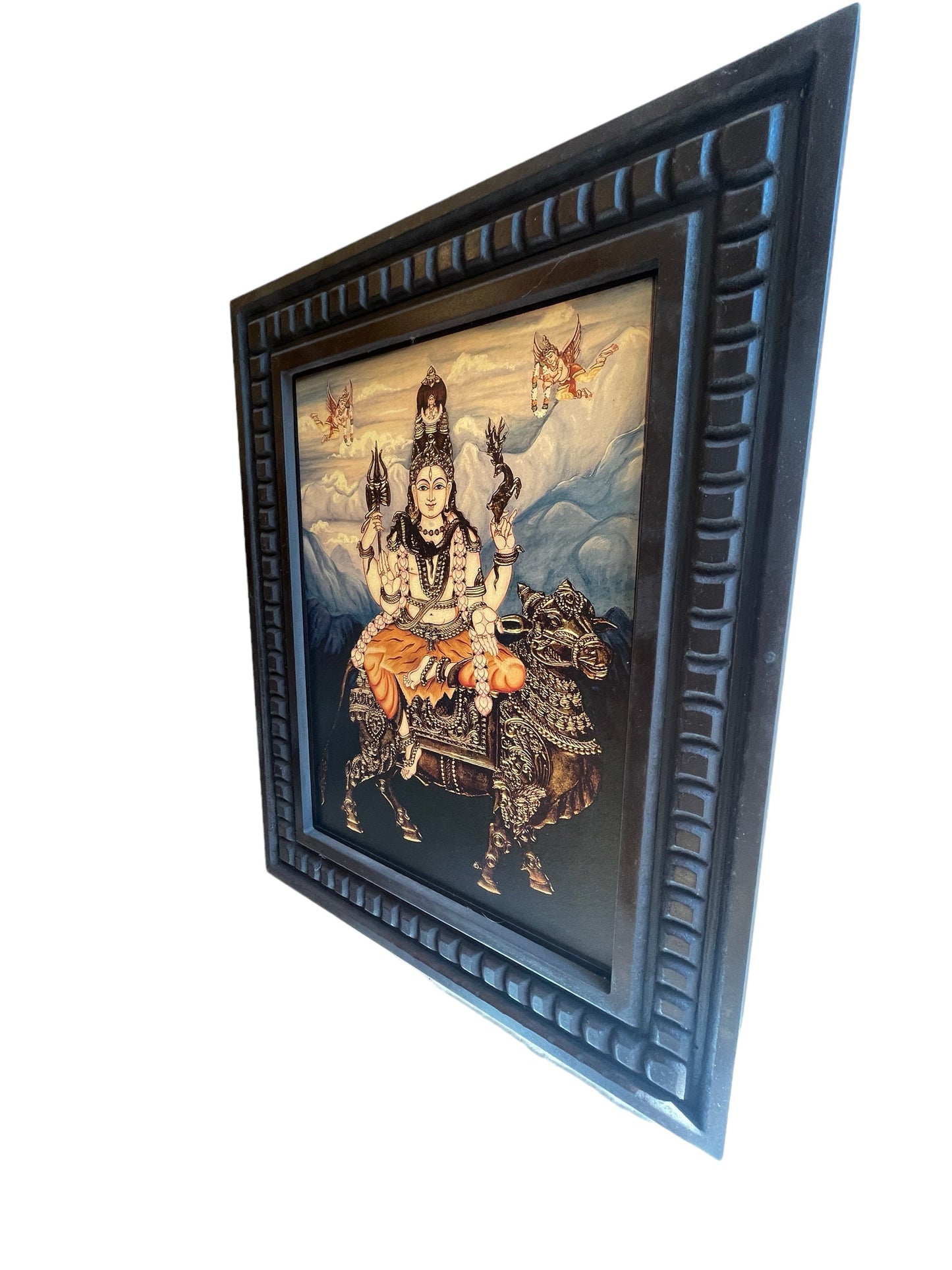Shiva blessing seated on Vahan Nandi Gold Leafed Art With Wooden Frame