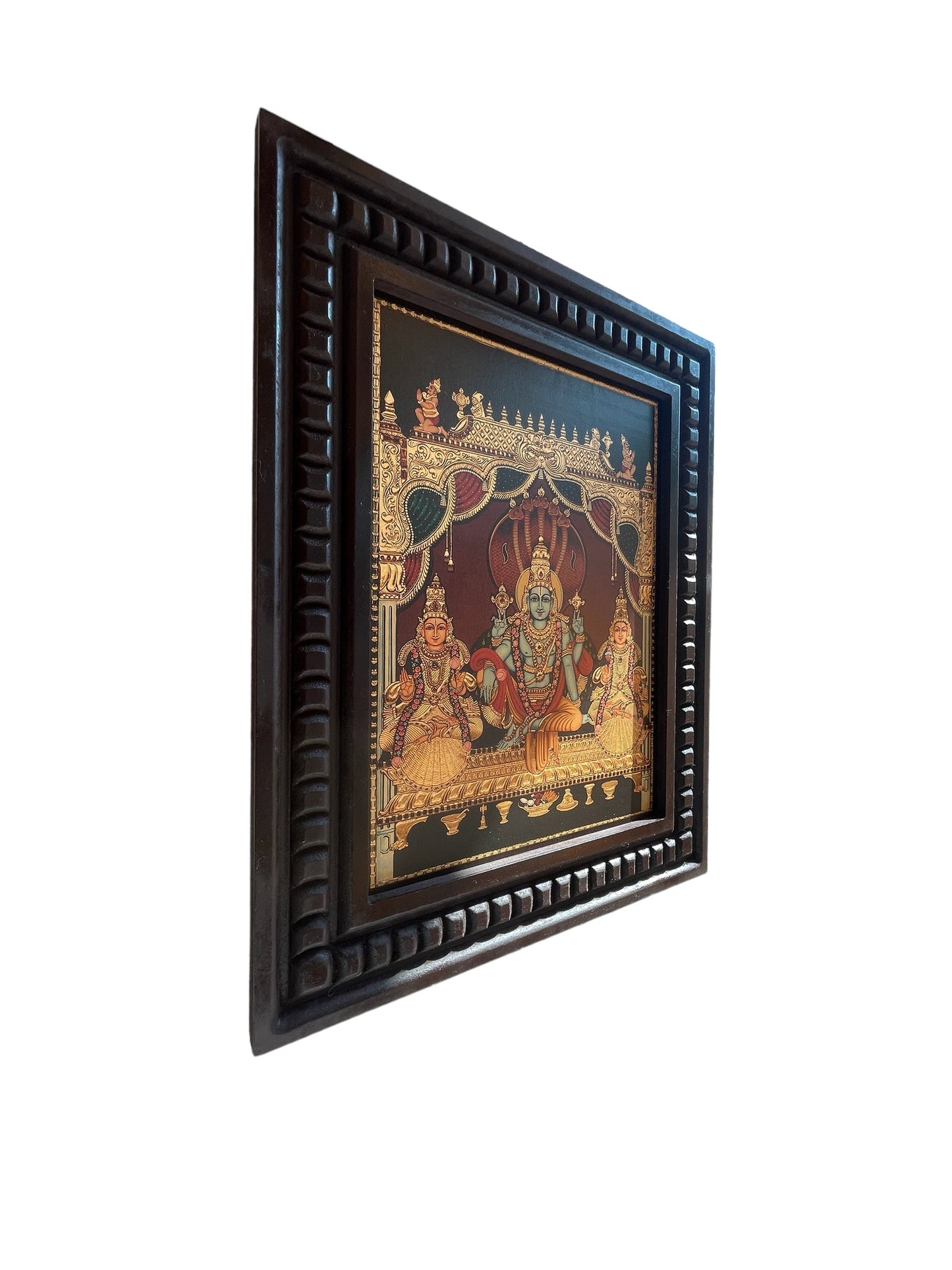 Vishnu: Gold Leafed Art Mahavishnu with Bhudevi & Shreedevi With Wooden Frame