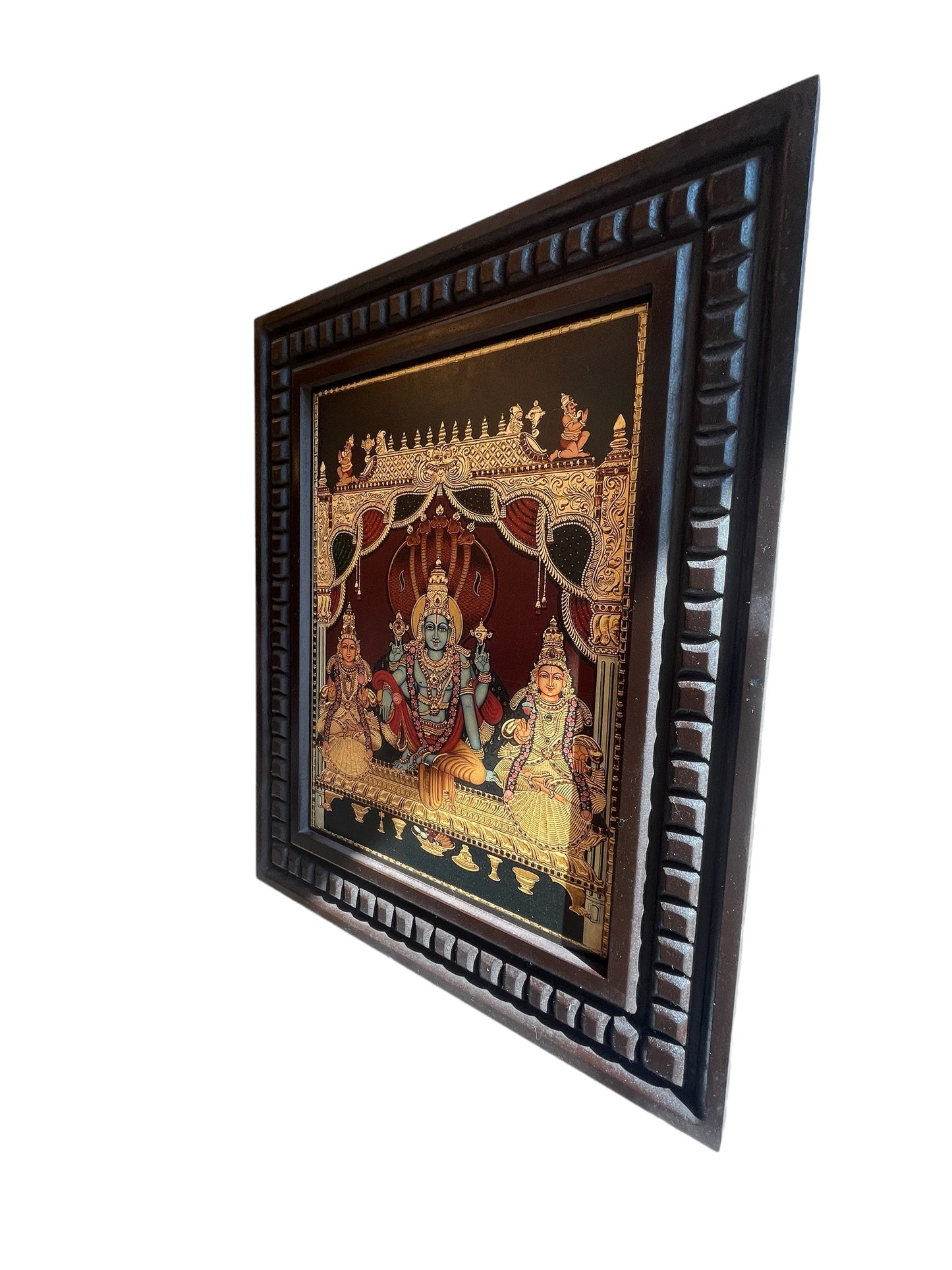 Vishnu: Gold Leafed Art Mahavishnu with Bhudevi & Shreedevi With Wooden Frame