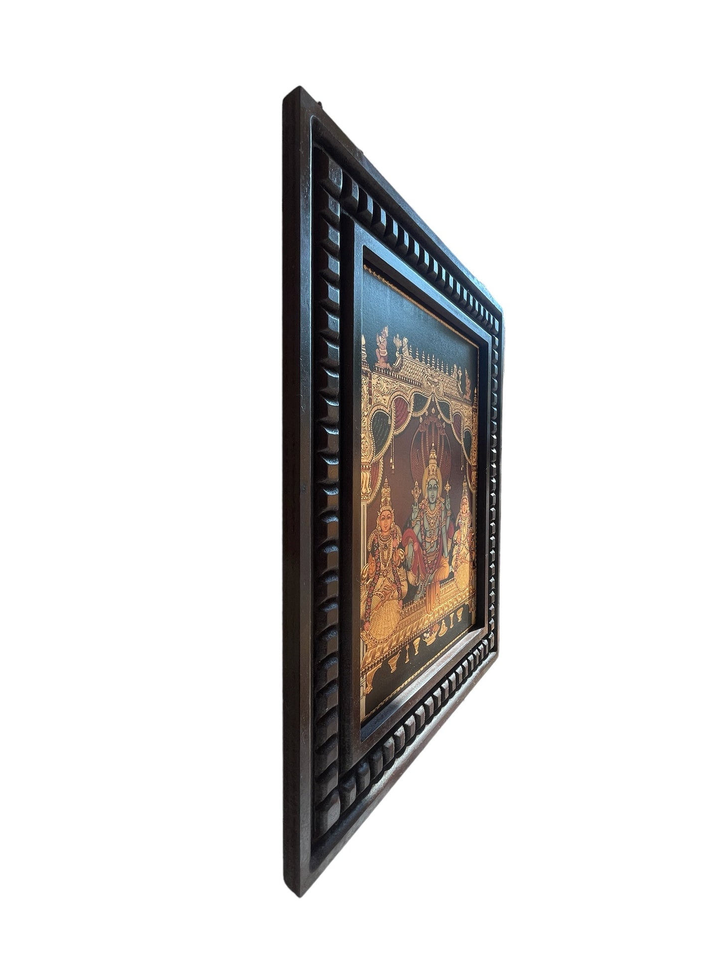 Vishnu: Gold Leafed Art Mahavishnu with Bhudevi & Shreedevi With Wooden Frame