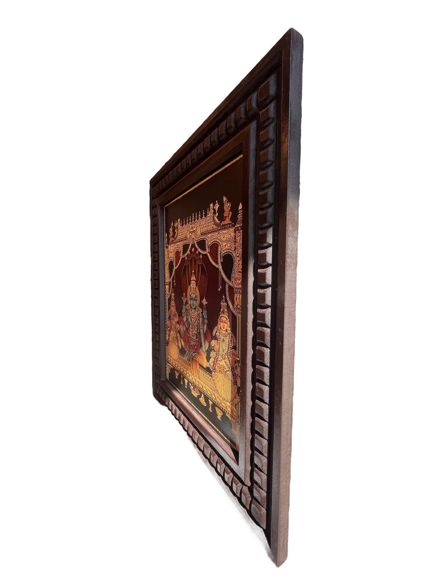 Vishnu: Gold Leafed Art Mahavishnu with Bhudevi & Shreedevi With Wooden Frame