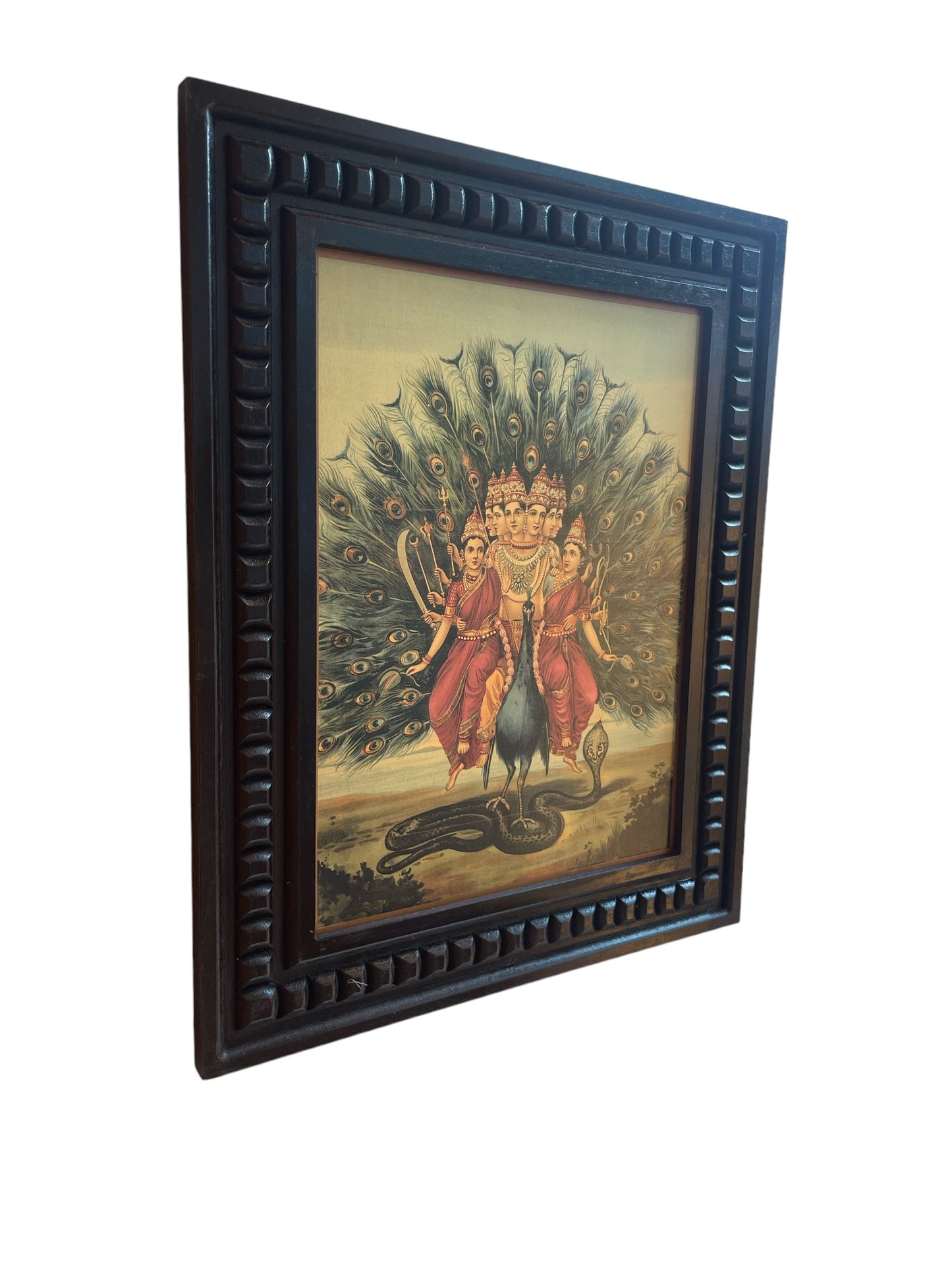 Murugan: Karthikeyan with valli & devyani Gold Leafed Art With Wooden Frame
