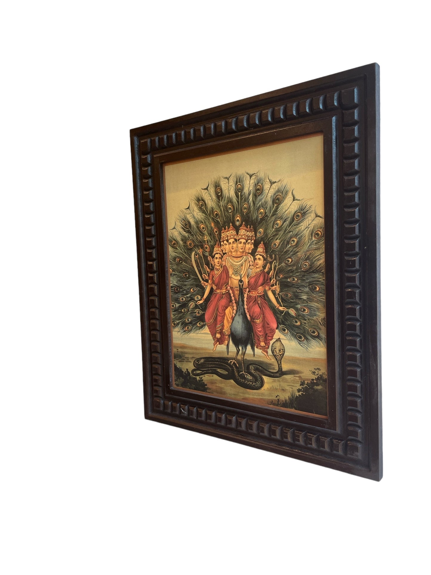 Murugan: Karthikeyan with valli & devyani Gold Leafed Art With Wooden Frame