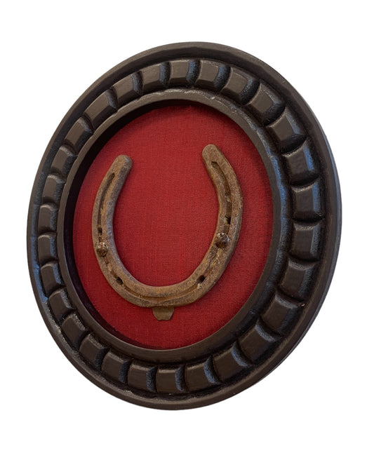 Good Luck Horse Shoe Natural with wine red silk backdrop carved circular wooden frame