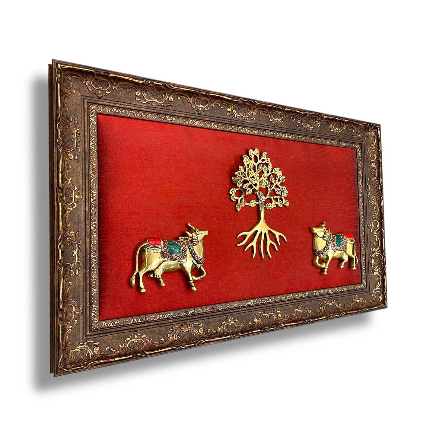 Brass Kalpavriksha with Kamadhenu Cows – Traditional Wall Art Frame