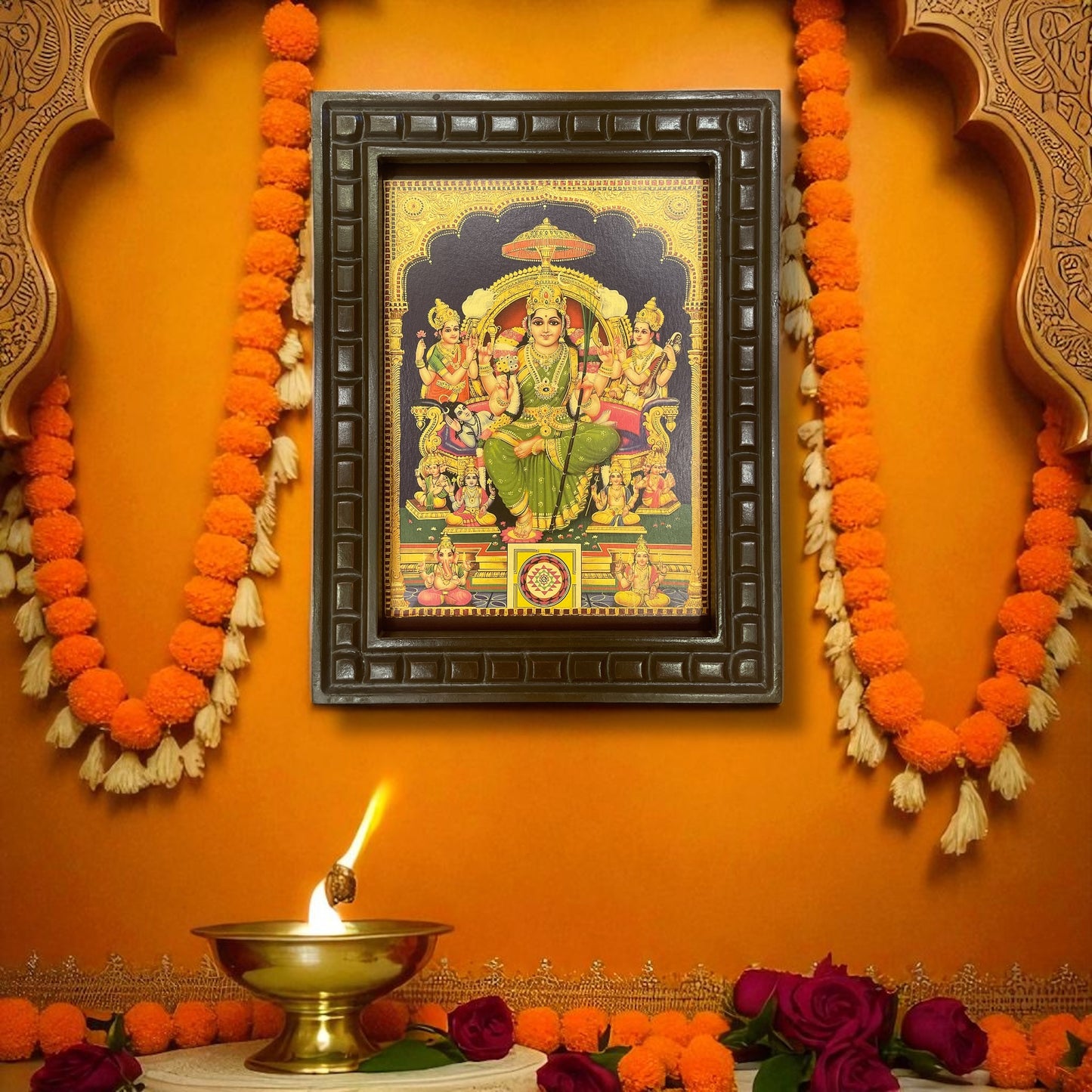 Lalitha Tripura Sundari 2 Green Saree Gold Leafed Art With Wooden Frame