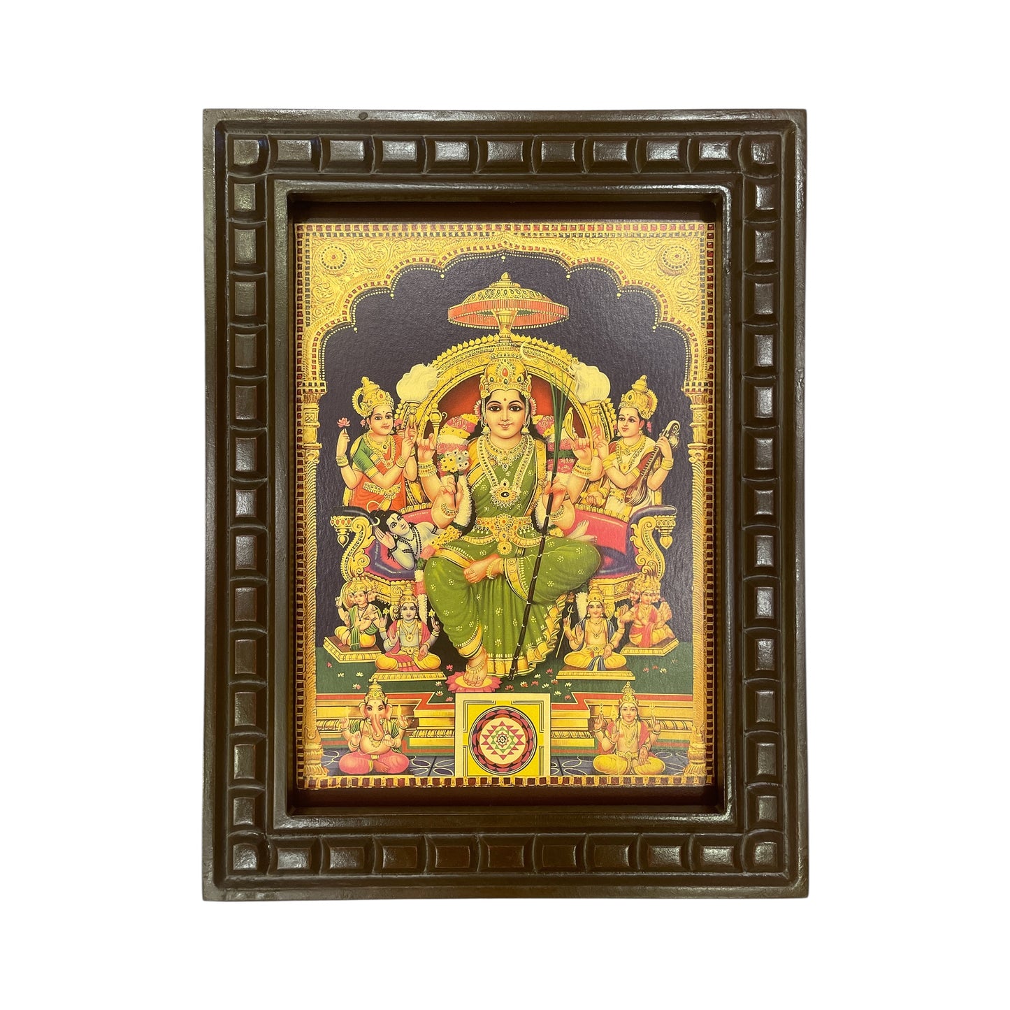 Lalitha Tripura Sundari 2 Green Saree Gold Leafed Art With Wooden Frame
