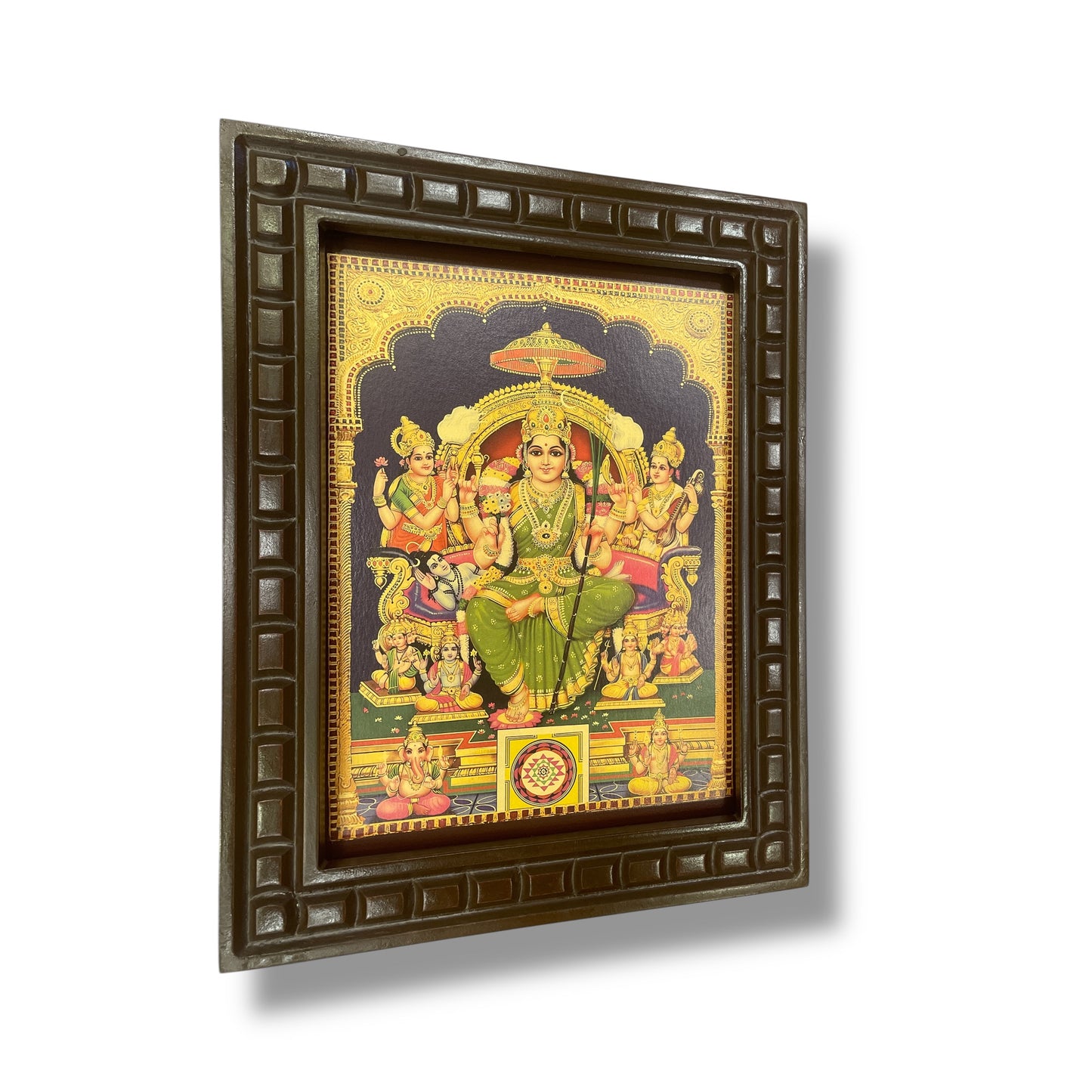 Lalitha Tripura Sundari 2 Green Saree Gold Leafed Art With Wooden Frame