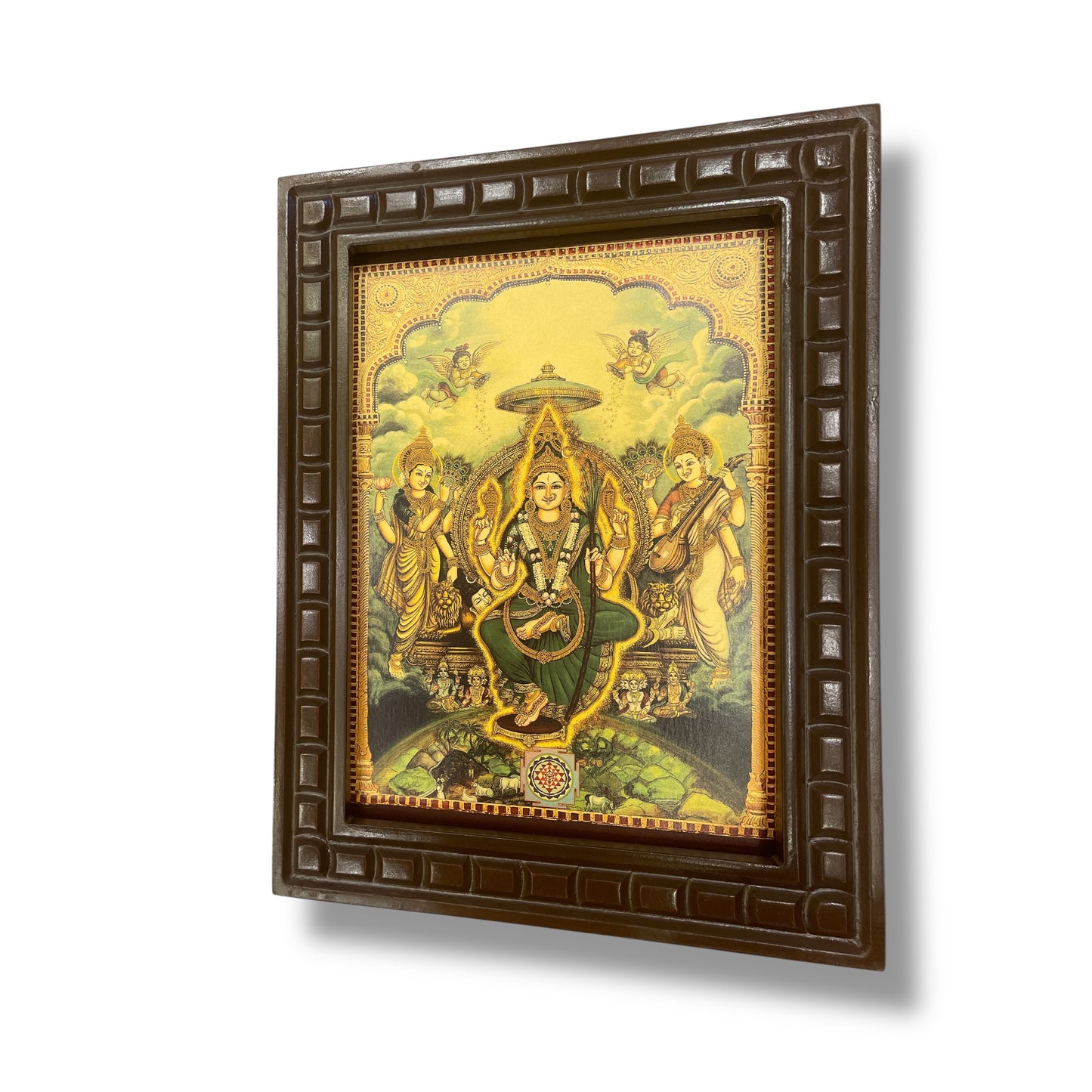 Tripura Sundari 2 Green Saree Gold Leafed Art With Wooden Frame