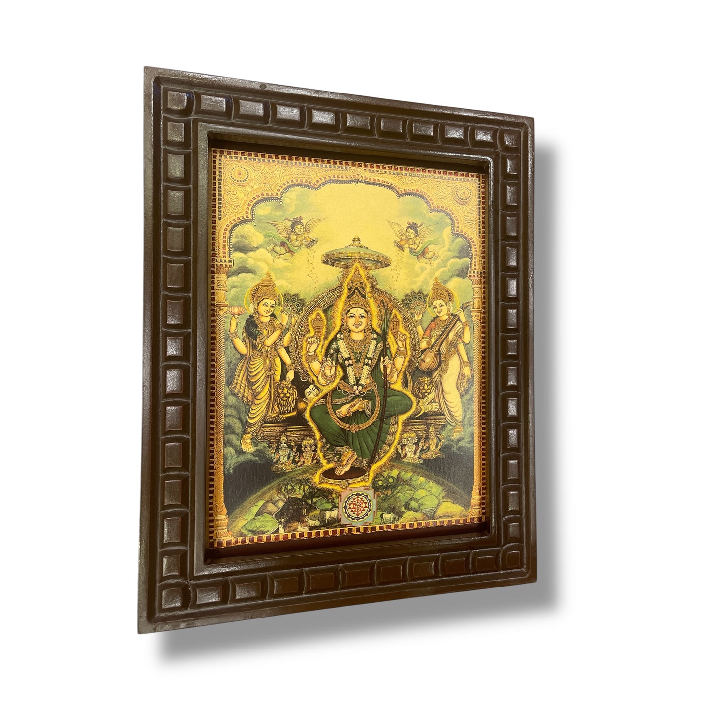 Tripura Sundari 2 Green Saree Gold Leafed Art With Wooden Frame
