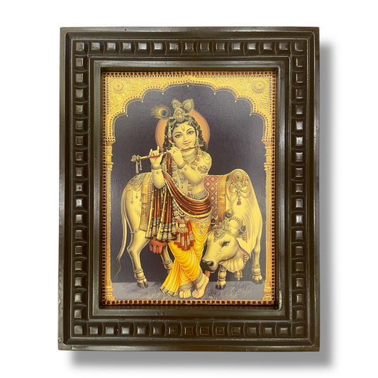 Krishna Gold Leafed Art with Wooden Frame