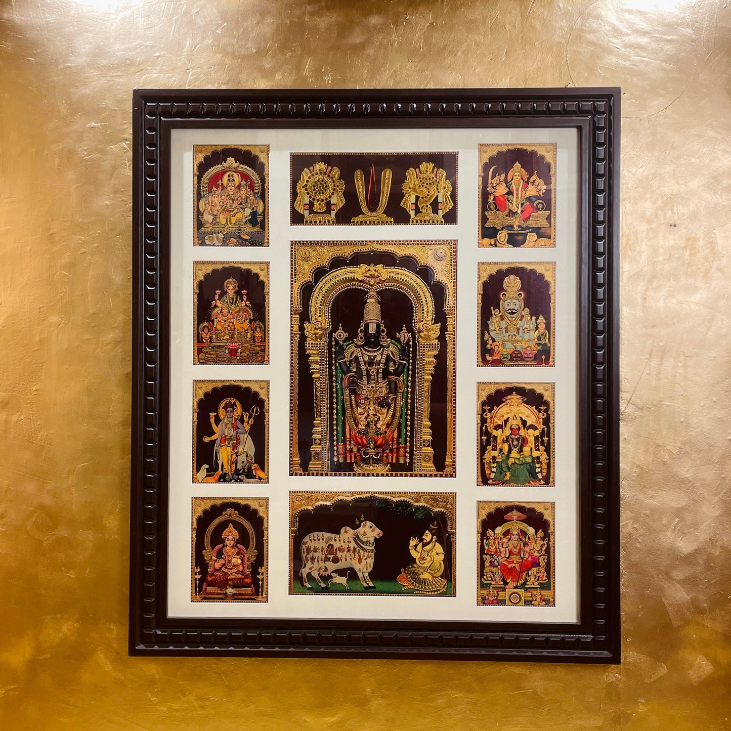 10 Gods in 1 Gold Leafed Pooja Room Frame | Large All-In-One Religious Photo Frame of 10 God & Goddess, Customization