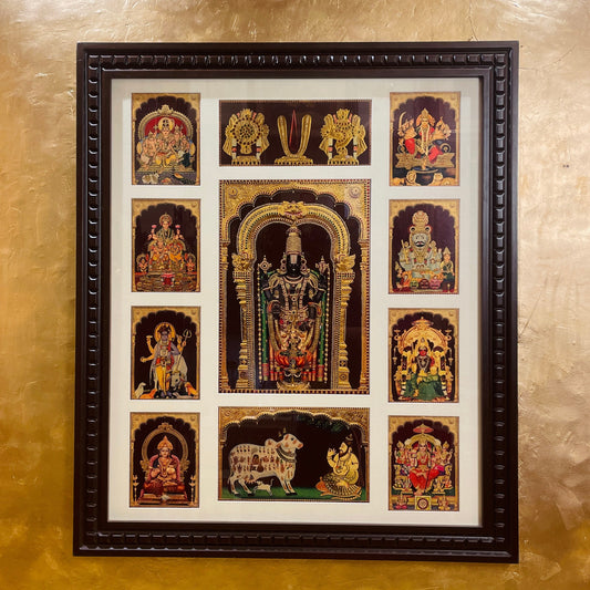 10 Gods in 1 Gold Leafed Pooja Room Frame | Large All-In-One Religious Photo Frame of 10 God & Goddess, Customization