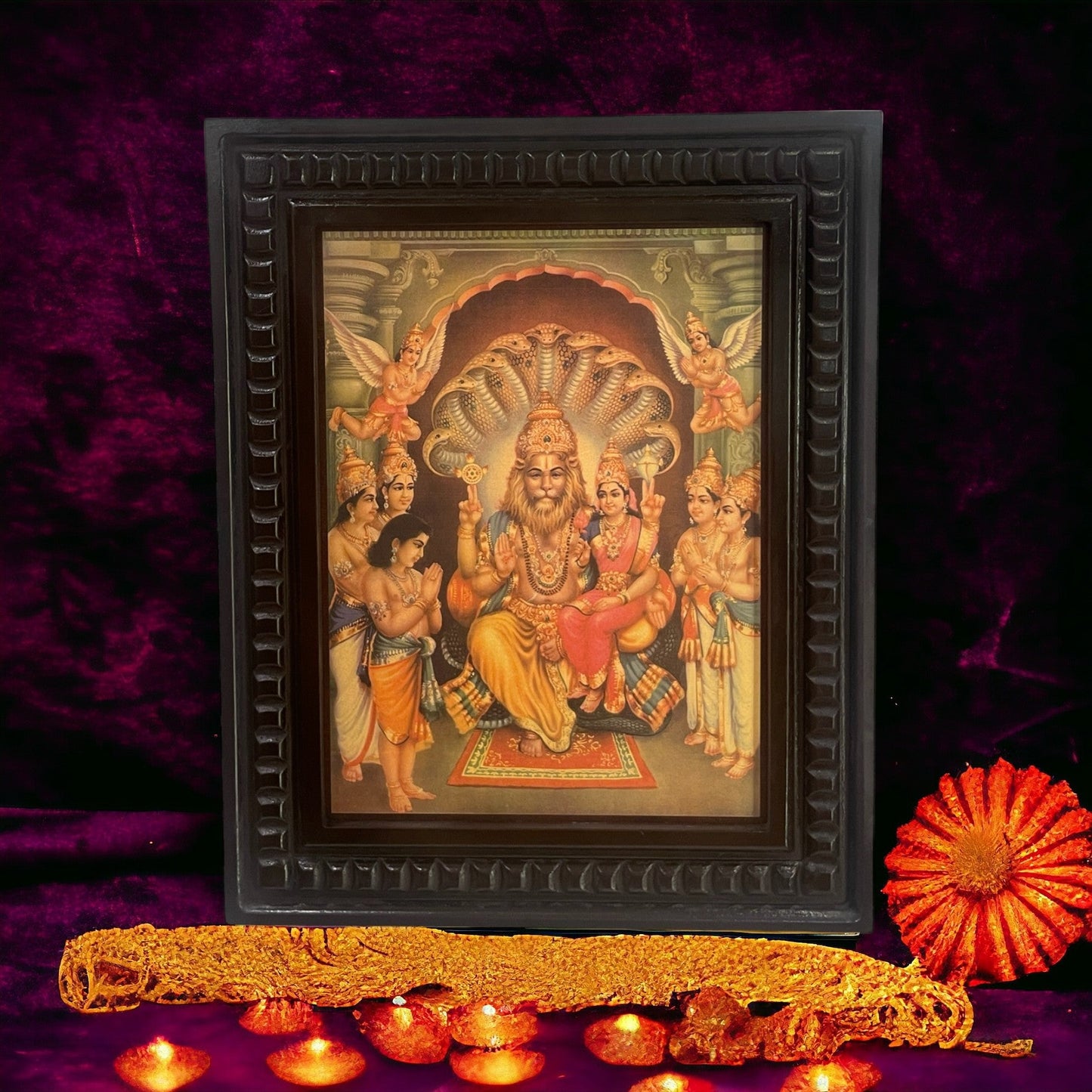 Gold Leafed Art Lakshmi Narasimha With Wooden Frame