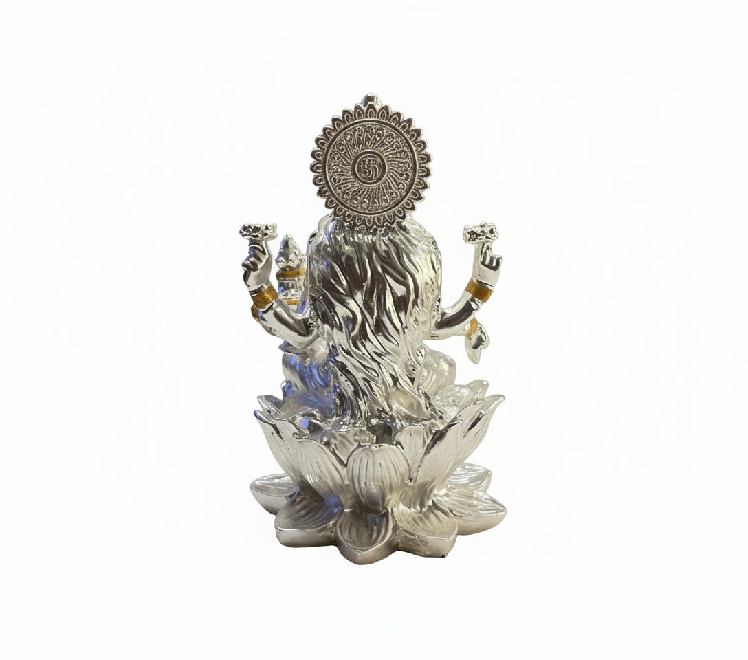 Silver Lakshmi Idol Seated on a Lotus