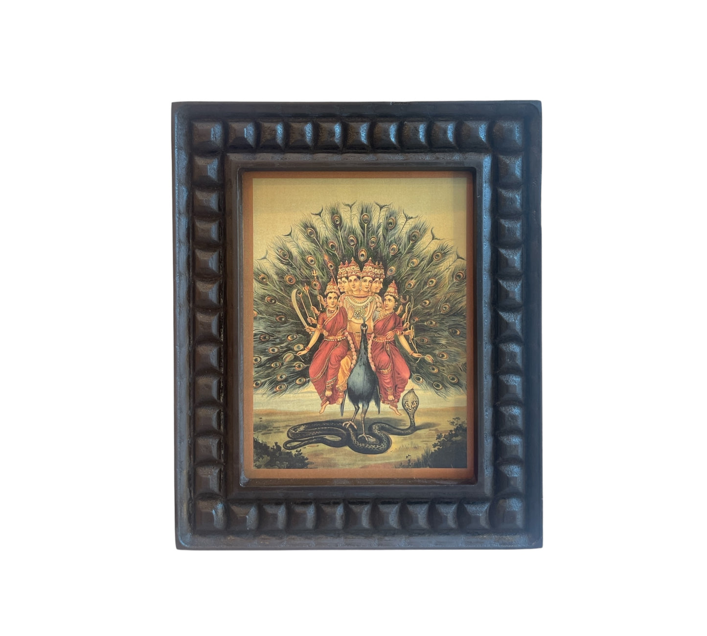 Murugan: Karthikeyan with valli & devyani Gold Leafed Art With Wooden Frame
