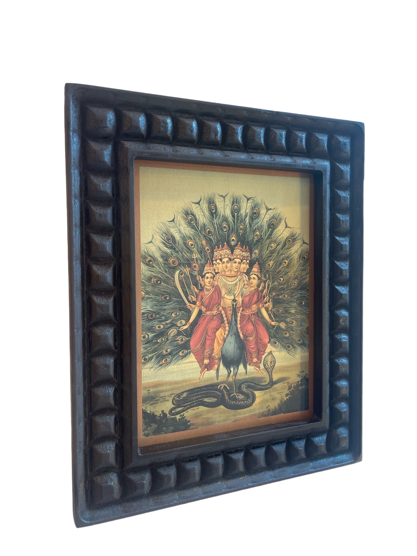 Murugan: Karthikeyan with valli & devyani Gold Leafed Art With Wooden Frame