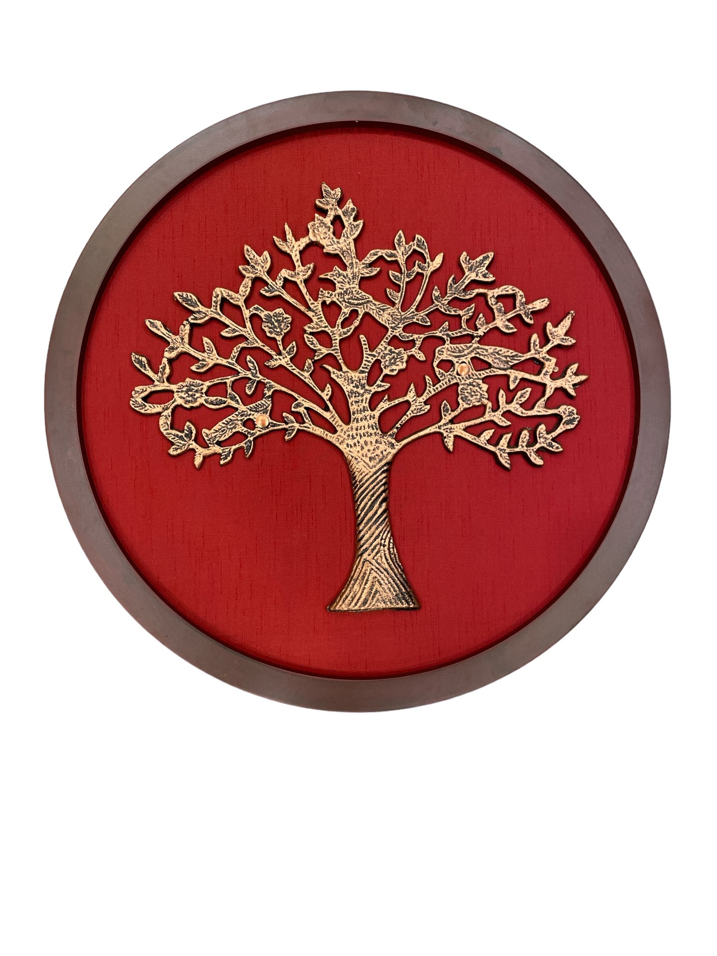 Tree Of Life : Metal Kalpavriksha Tree Circle Frame in Redwine Rawsilk Backdrop