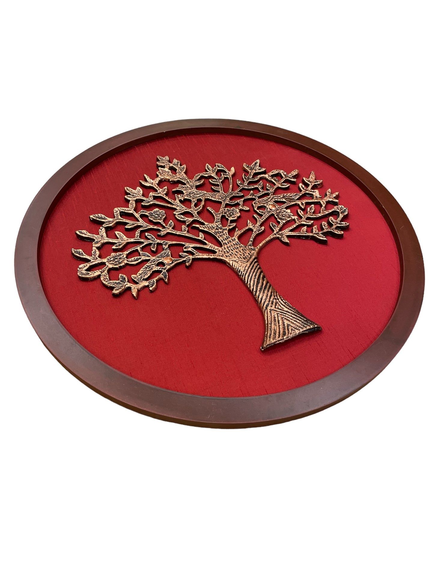 Tree Of Life : Metal Kalpavriksha Tree Circle Frame in Redwine Rawsilk Backdrop