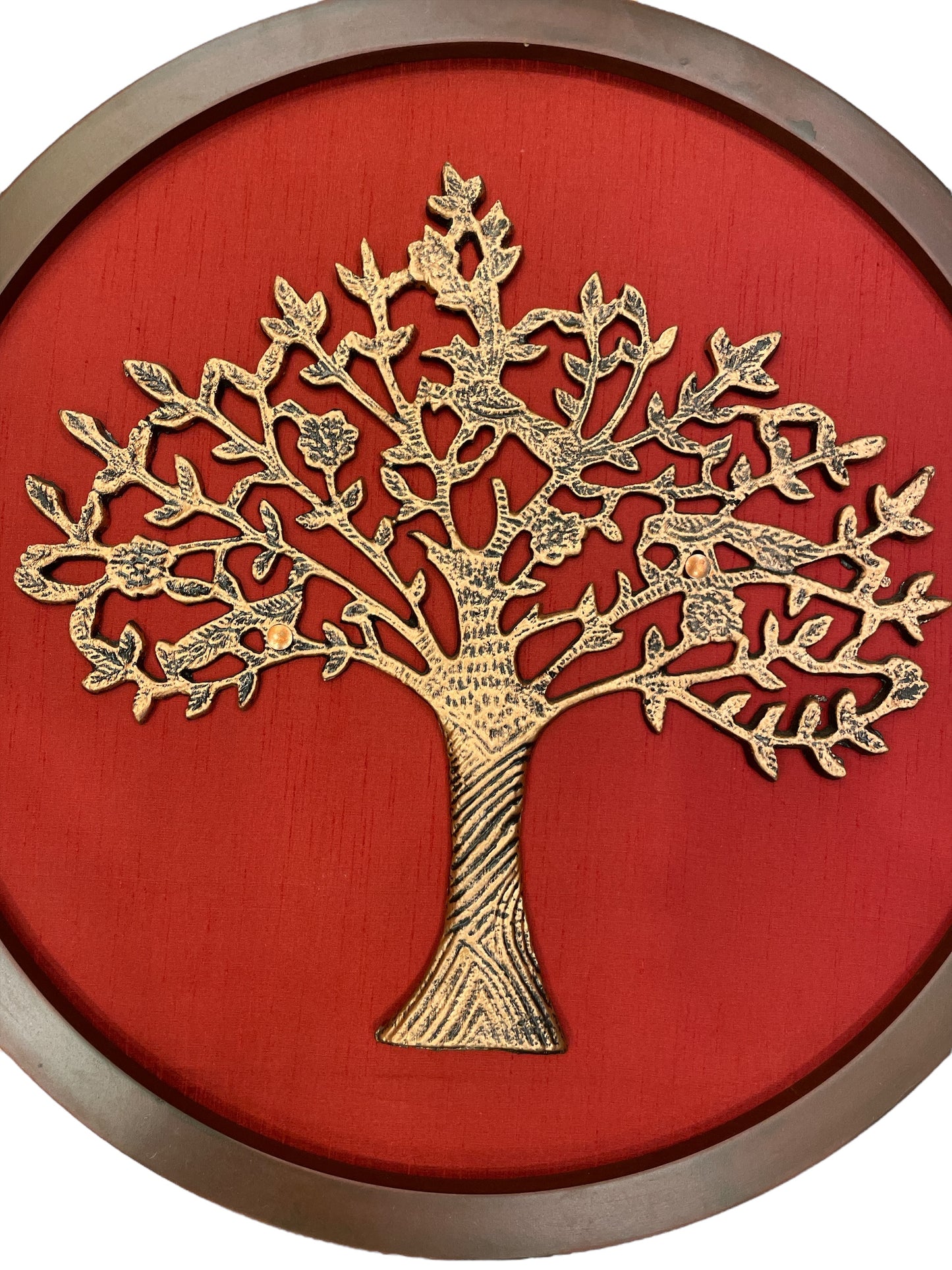 Tree Of Life : Metal Kalpavriksha Tree Circle Frame in Redwine Rawsilk Backdrop