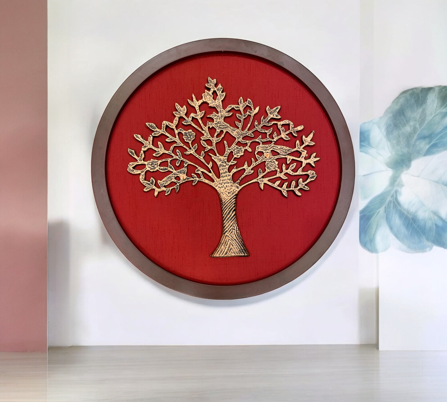 Tree Of Life : Metal Kalpavriksha Tree Circle Frame in Redwine Rawsilk Backdrop