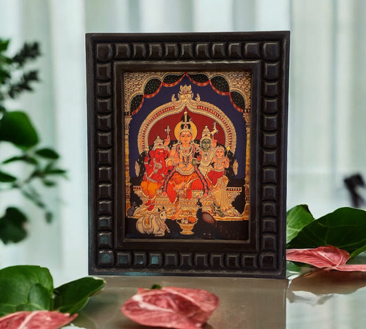 Shiva Parivar Gold Leafed Art With Wooden Frame