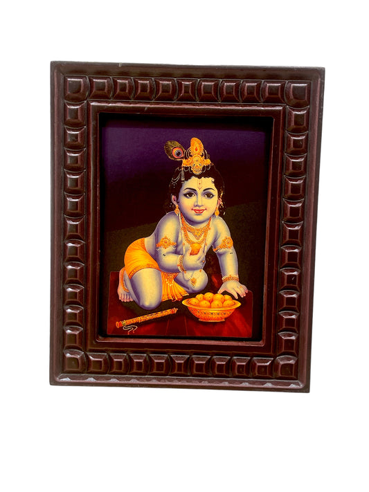 Krishna: Gold Leafed Art Baby Krishna with wooden frame