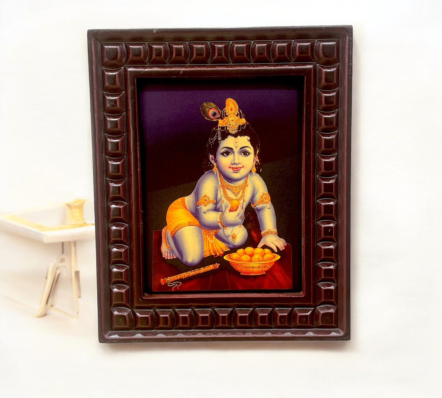 Krishna: Gold Leafed Art Baby Krishna with wooden frame