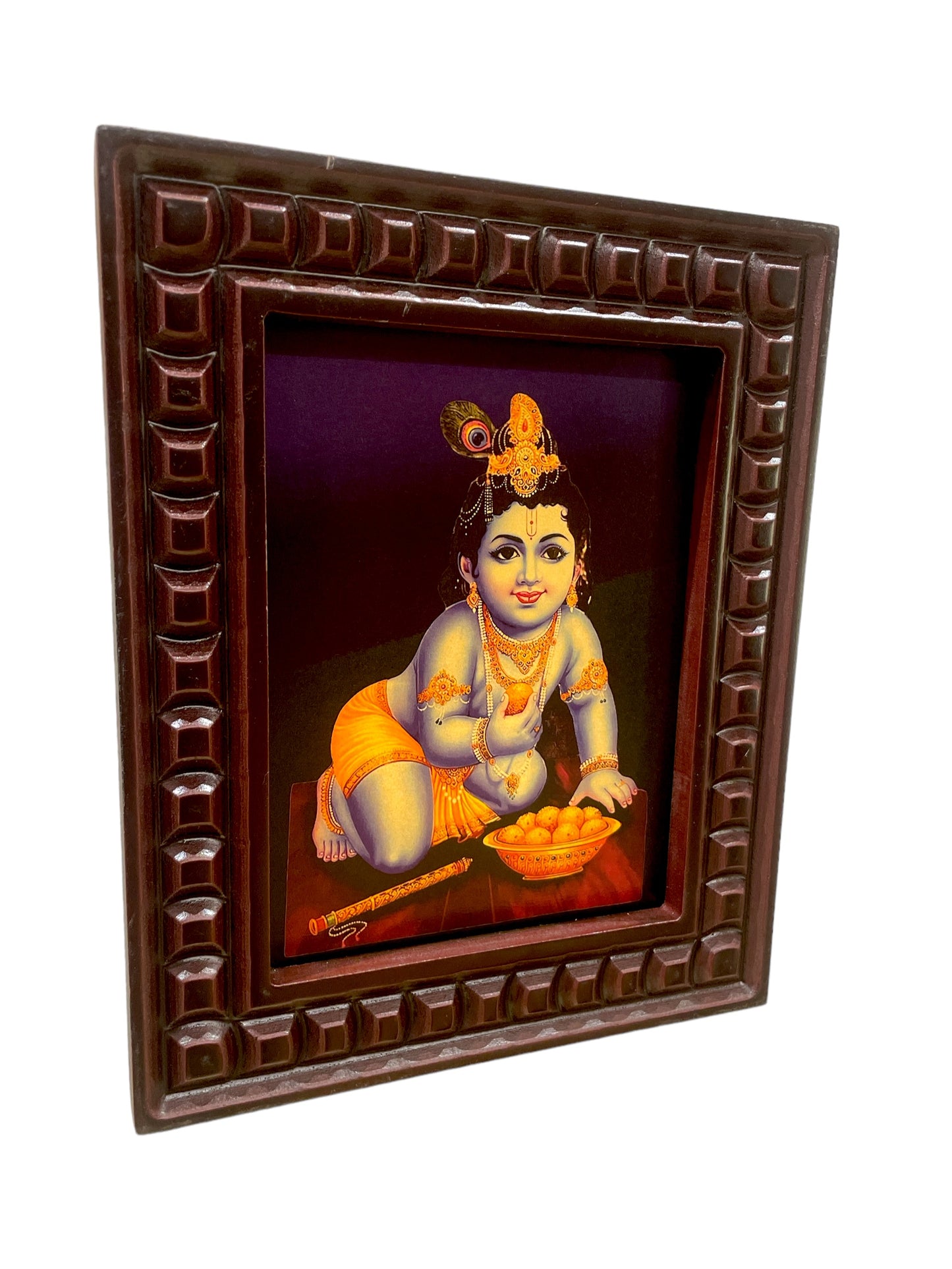 Krishna: Gold Leafed Art Baby Krishna with wooden frame